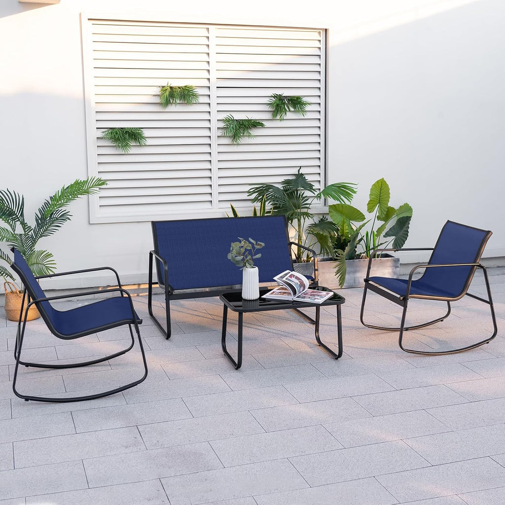 Tangkula 8 Piece Rocking Patio Furniture Set, 4 Rocking Chairs & 2 Loveseat with Glass-Top Table, Patio Rocking Set with Smooth Rocking Motion, Outdoor Rocker Conversation Set for Porch, Yard