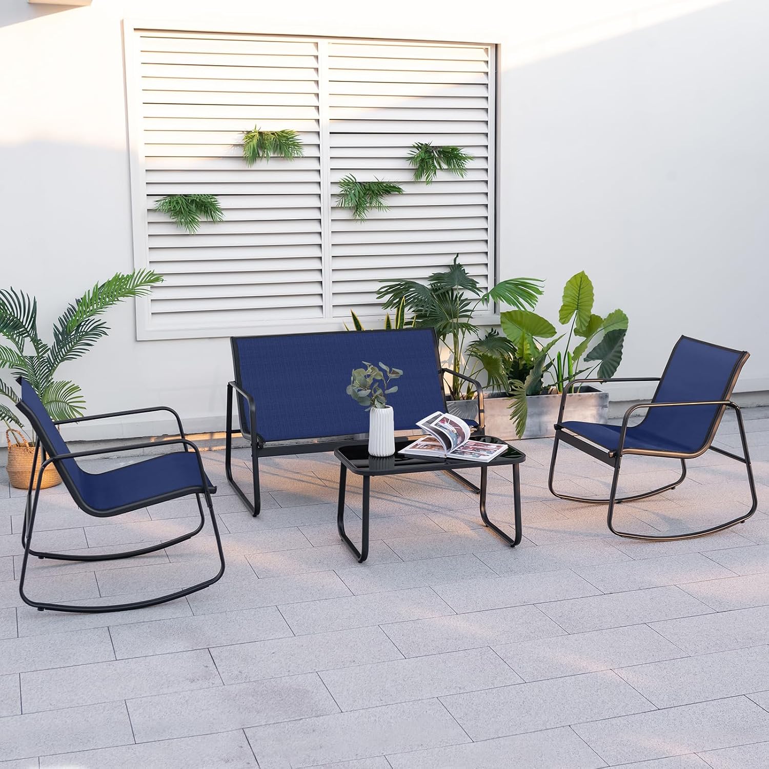 Tangkula 4 Piece Rocking Patio Furniture Set, 2 Rocking Chairs & Loveseat with Glass-Top Table, Patio Rocking Set with Smooth Rocking Motion, Outdoor Rocker Conversation Set for Porch, Yard (1, Navy)