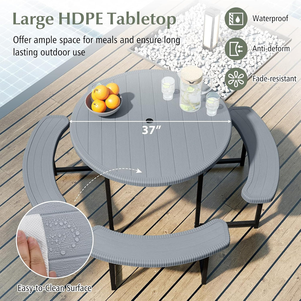 Giantex Picnic Table Bench Set for 4-8 Person, Round 37' Outdoor Dining Table w/Umbrella Hole, HDPE Tabletop, Metal Frame, Patio Furniture Set for Backyard Porch Lawn, 1400lb Capacity (Gray,Round)