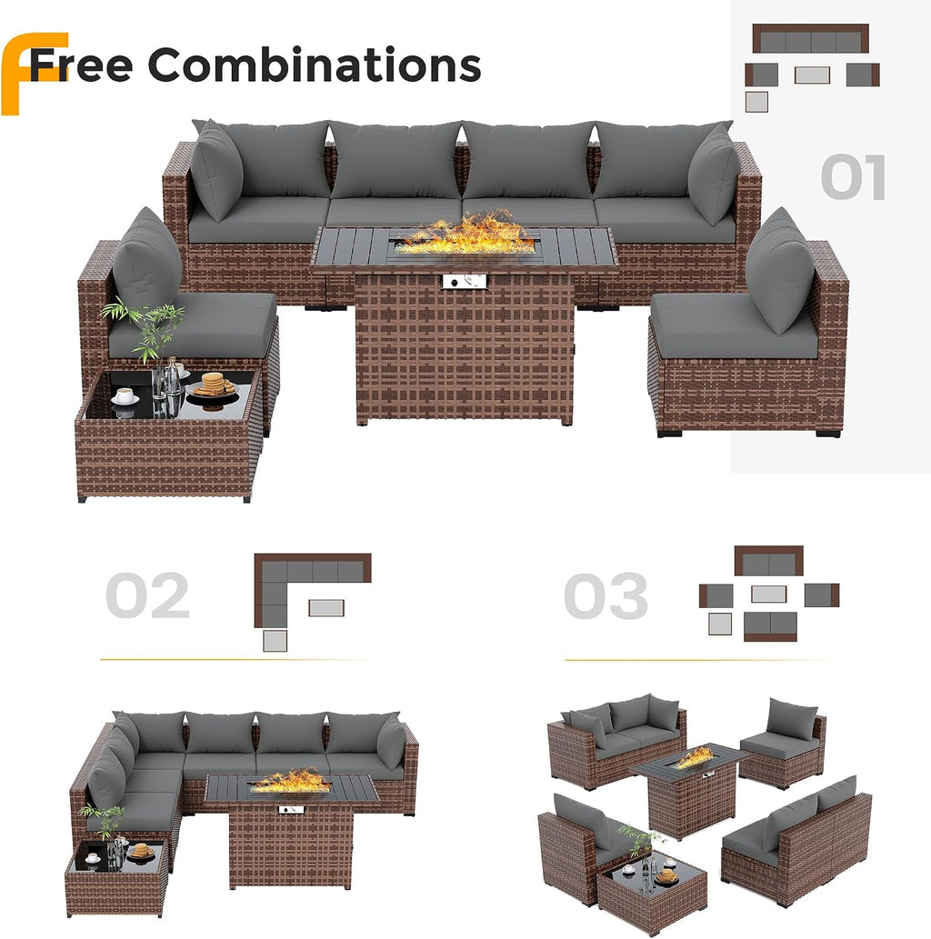 UDPATIO Furniture Set with Fire Pit Table, 8 Piece Sectional Sofas, All-Weather Wicker Conversation for Garden, Backyard, Dark Grey