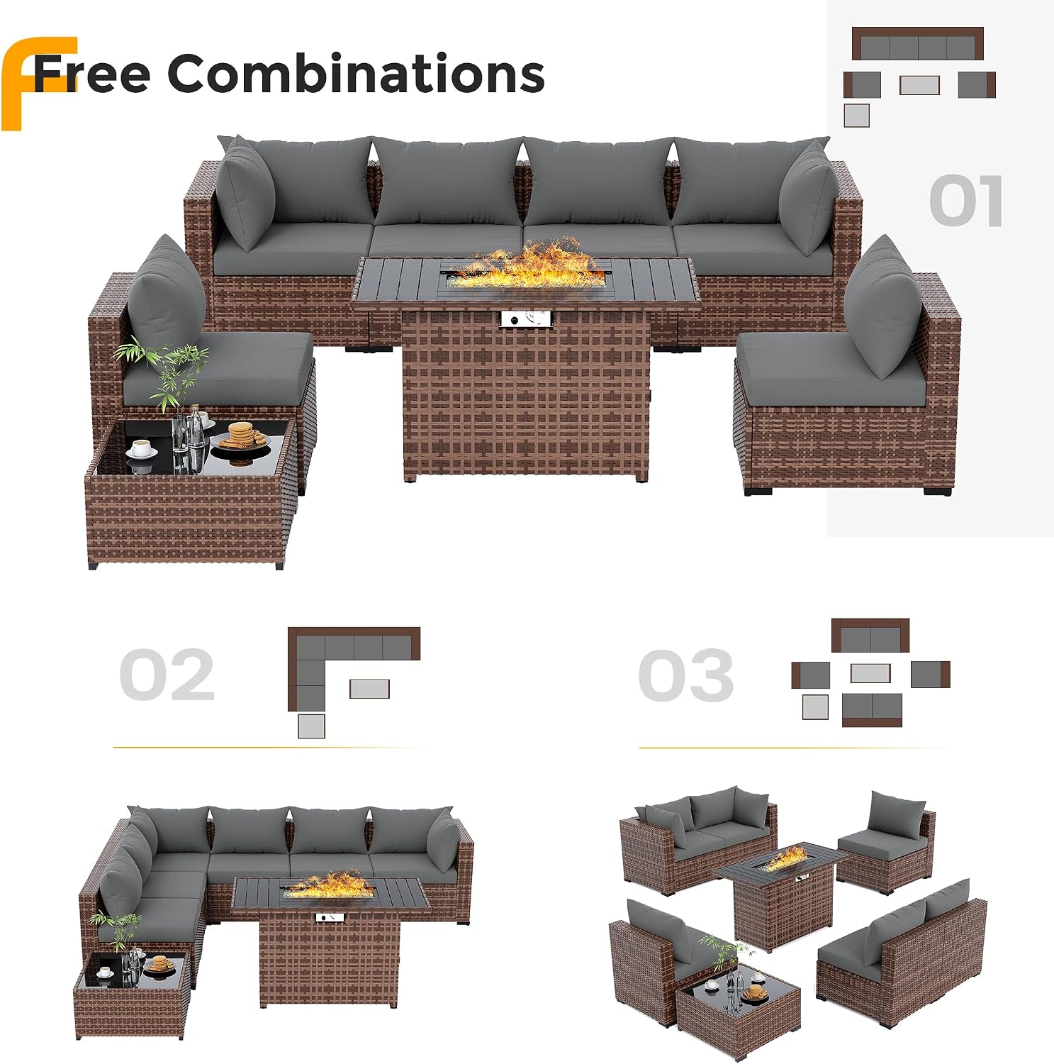 UDPATIO Furniture Set with Fire Pit Table, 8 Piece Sectional Sofas, All-Weather Wicker Conversation for Garden, Backyard, Dark Grey