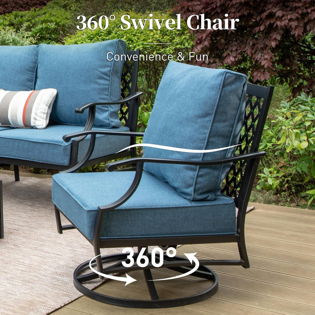 SUNSHINE VALLEY 5 Piece Metal Outdoor Patio Furniture Set, Patio Conversation Sets 1 3-seater Sofa, 2 Swivel Chairs, 2 Ottomans with 5.75' Thick Cushion, Black All-weather Backyard Furniture Set, Navy