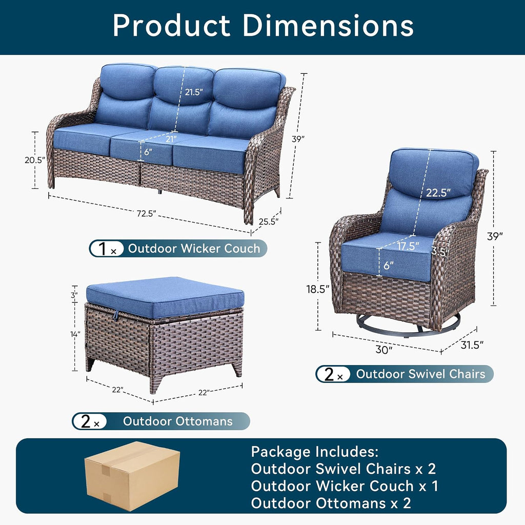 Luxury High Back Outdoor Furniture with 6-Inch Thick Cushions, Patio Furniture Set with Swivel Chairs, 5 PCS Wicker Conversation Set for Porch, Balcony, Deck and Yard