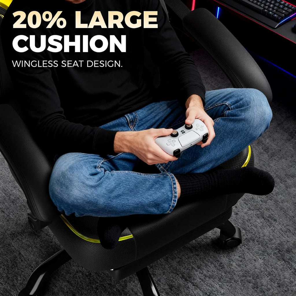 GTPLAYER Big and Tall Gaming Chair for Adults, Ergonomic Office Chair with Footrest, Heavy Duty 350 lbs Capacity, High Back, Premium Leather & Iridescent Trim, ACE-Armor, Yellow (Iridescent)