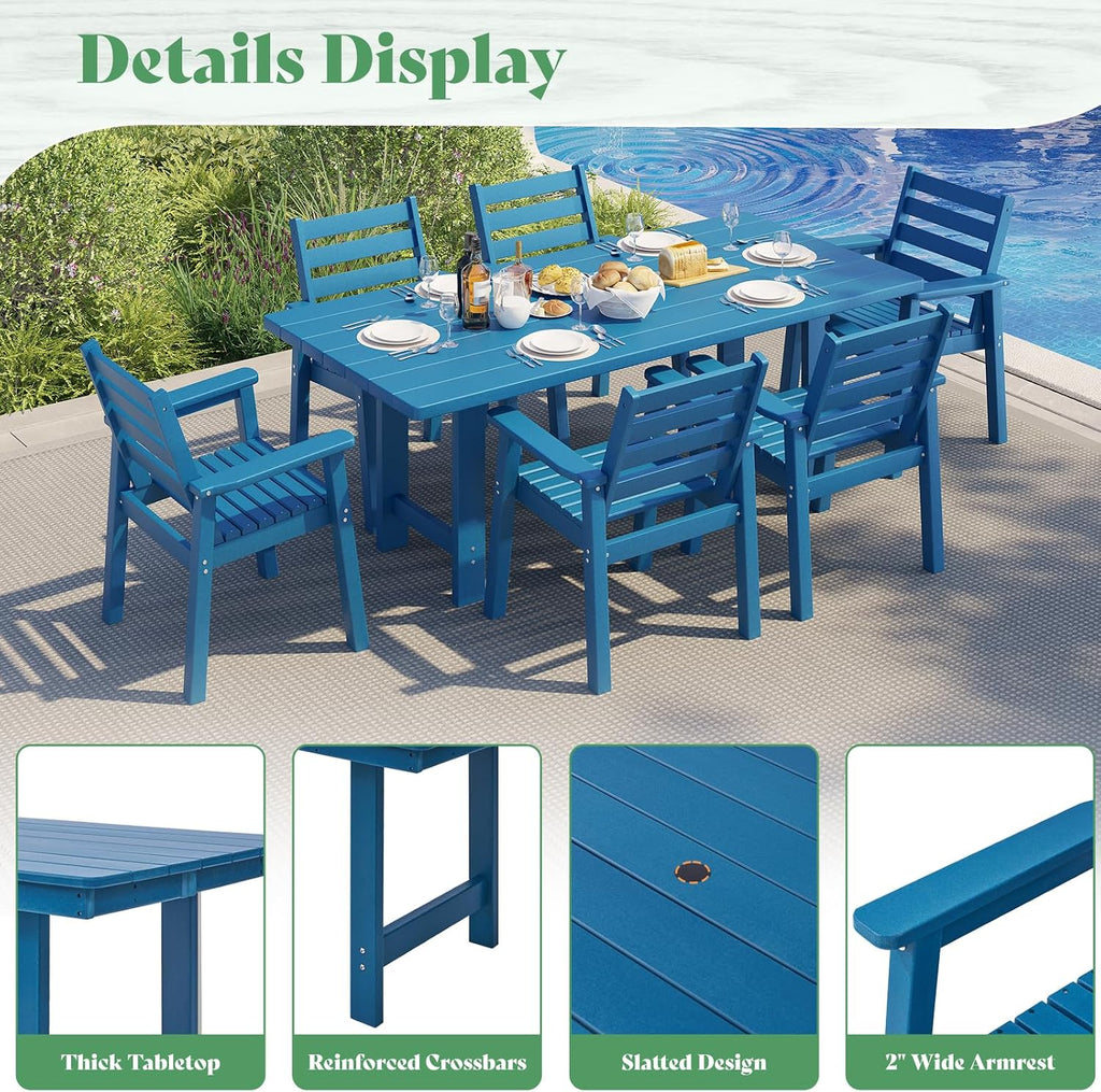 AMERLIFE 7-Piece HDPE Outdoor Dining Table Set with 6 Chairs, 71' Patio Dining Table Sets with Umbrella Hole, Modern Dinner Table & Chairs Set for Garden, Backyard, Poolside, Blue