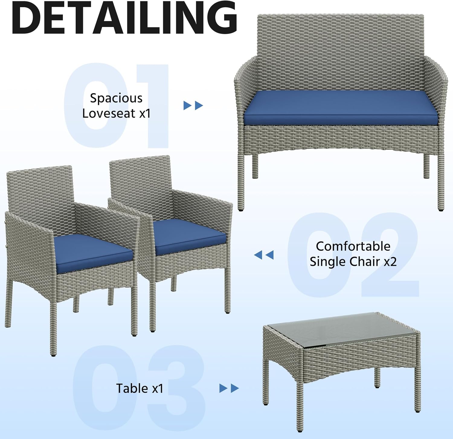Yaheetech Patio Furniture Set 4 Pieces Conversation Sets, Rattan Chair Wicker Set Loveseat with Soft Cushion and Glass Table for Backyard Porch Garden Poolside Balcony, Gray and Dark Blue