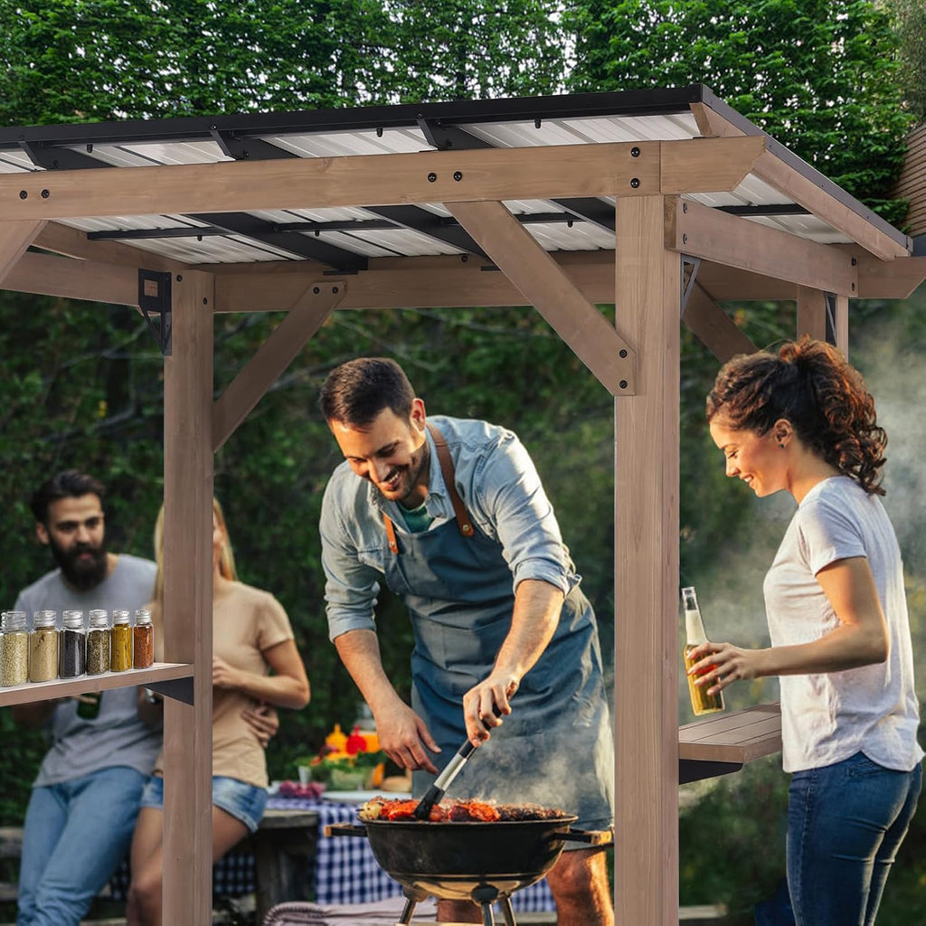 8x6 FT Outdoor Wood Grill Gazebo with Sloping Steel Roof, Hardtop Patio BBQ Wooden Gazebos with 2 Side Storage Bar,Cedar Frame Gazebo for Barbecue, Garden, Deck ，Backyard