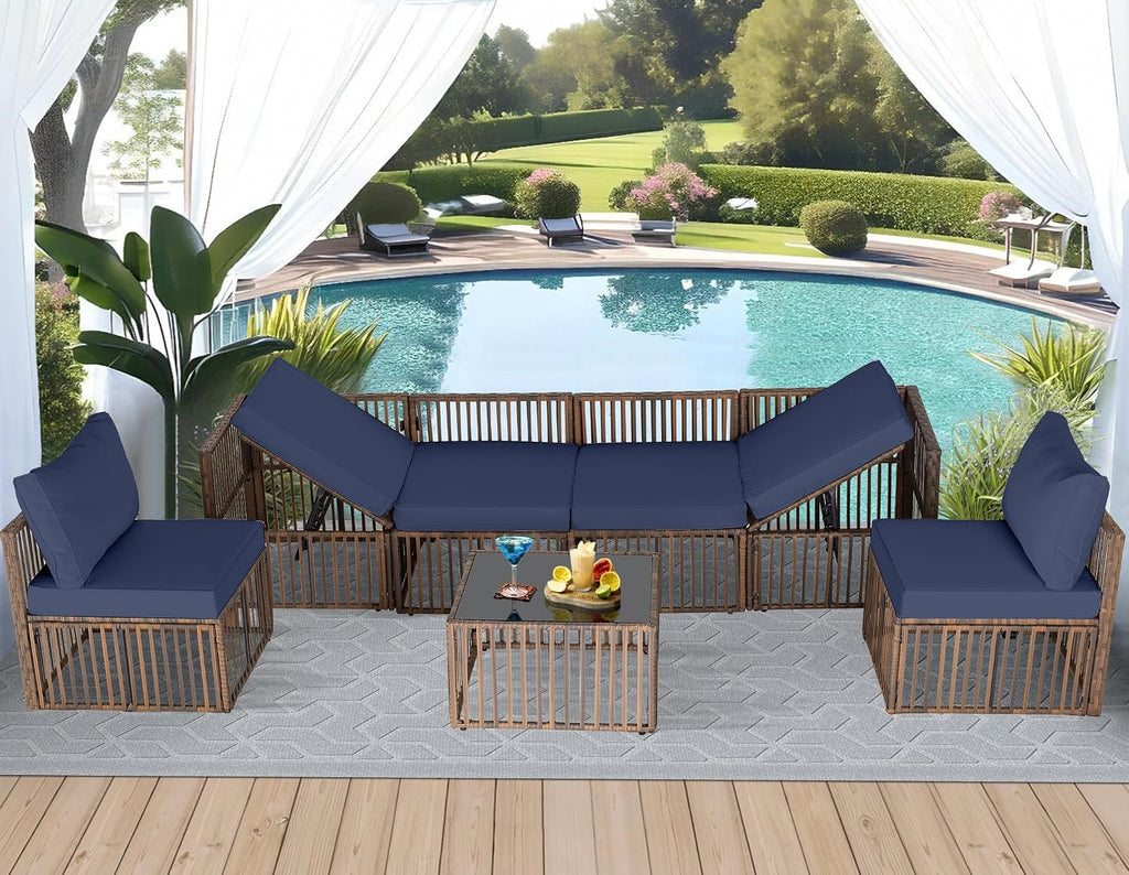 FHFO 7 Piece Patio Furniture Set, Outdoor Wicker Sectional Sofa Conversation Set Couch with Adjustable Backrest, Thick Cushion & Coffee Table for Garden, Porch, Poolside, Brown/Blue