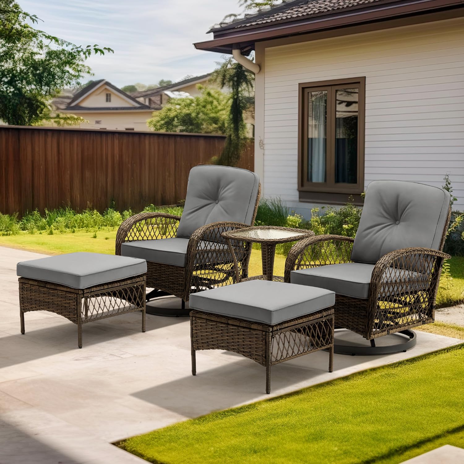 MELLCOM 5 Pieces Patio Furniture Set, Outdoor Swivel Rocker Patio Chairs with Ottomans, Wicker Conversation Set with Rocking Chair, Thickened Cushions, Glass Coffee Table for Backyard, Grey