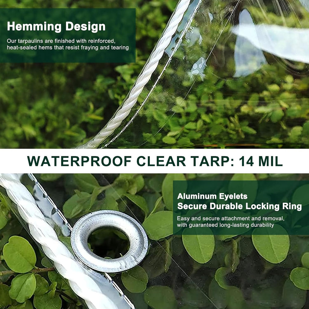 Clear Tarp with Grommets,10X14ft Transparent Heavy Duty Waterproof Tarpaulin Cover with Reinforced Edge,14Mil Thickened Tear Resistant Waterproof PVC Vinyl Tarp for Patio,Camping,Greenhouse Outdoor