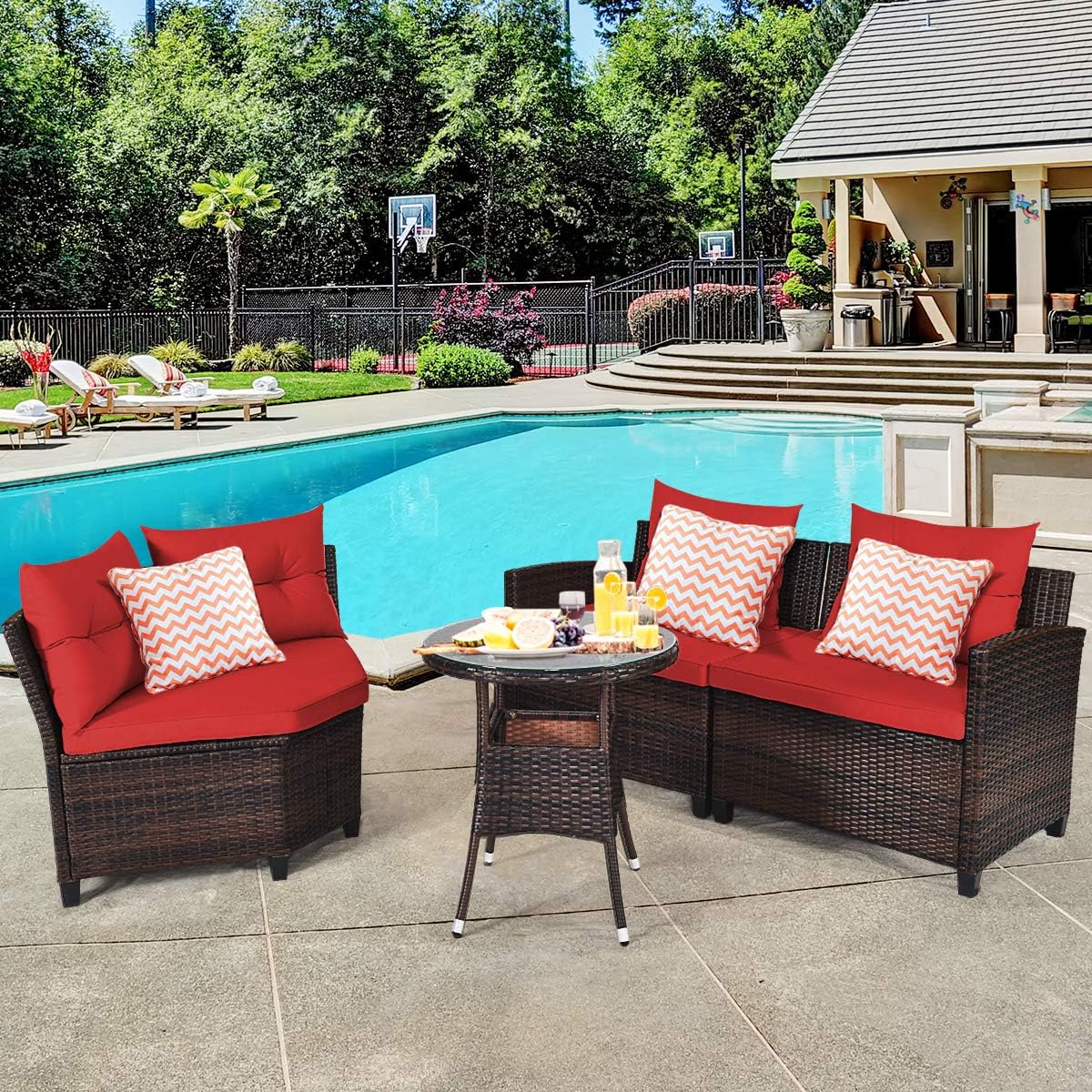 Tangkula 4-Piece C Shape Patio Furniture Set, Outdoor Corner Wicker Rattan Sectional Cushioned Sofa Set, with Glass Coffee Table, for Garden Poolside Balcony (Red)