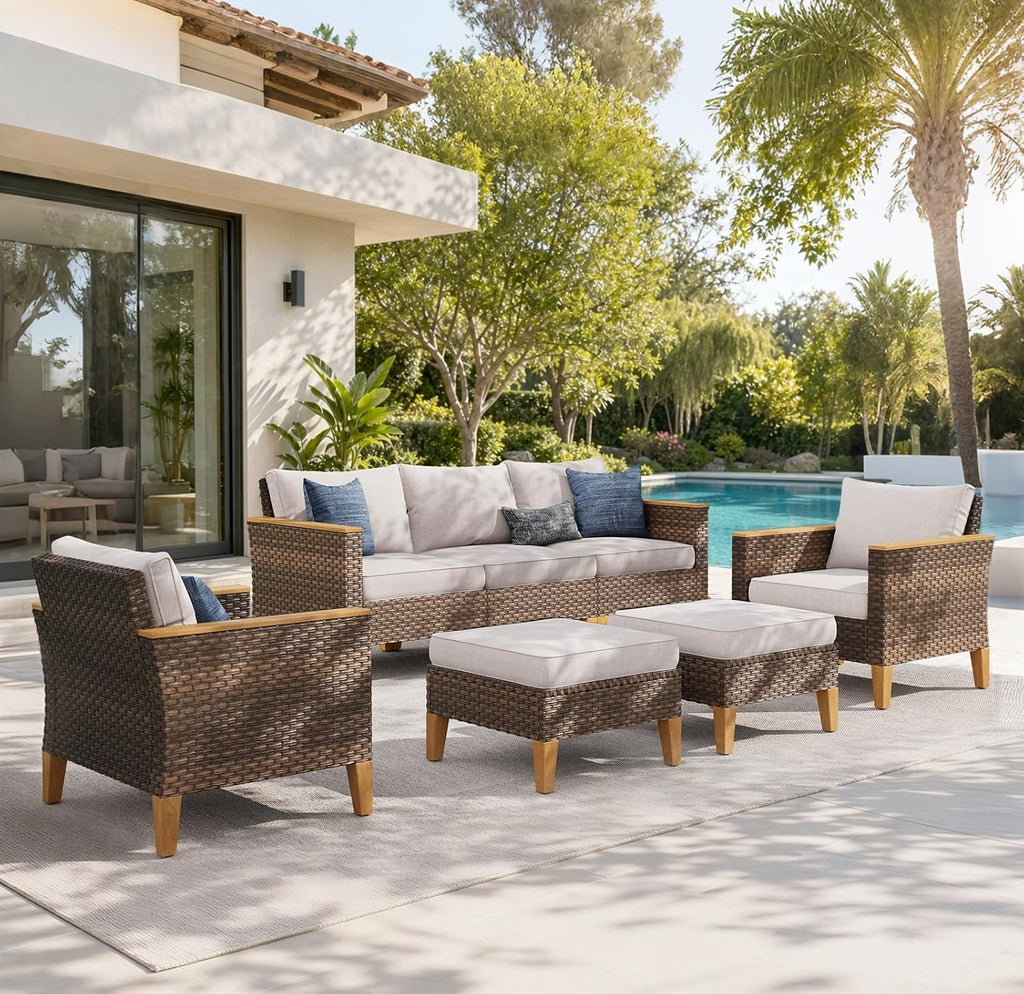 Sophia & William Wicker Patio Furniture Set, Outdoor Rattan Sectional Sofa 7 Piece Patio Conversation Set with 2 x Corner Sofa, 2 x Single Chairs, 1 x Armless Couch, 2 x Ottoman for Deck, Backyard