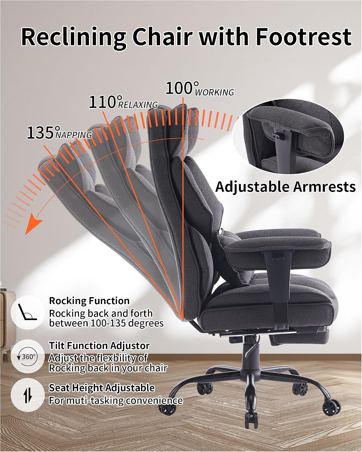 Efomao Fabric Office Chair, Big and Tall Office Chair 400 lb Weight Capacity, High Back Executive Office Chair with Foot Rest, Ergonomic Office Chair for Back Pain Relief, Dark Grey