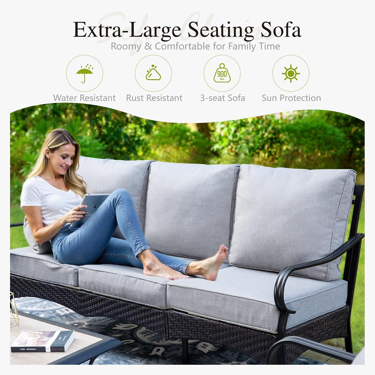 Sophia & William Patio Furniture Set with Fire Pit Table, 4 PCS Metal Outdoor Conversation Set with Fire Pit Table, 2 Sofa Chairs,3-Seater Couch for Outdoor Seating, Backyard, Porch(Grey)