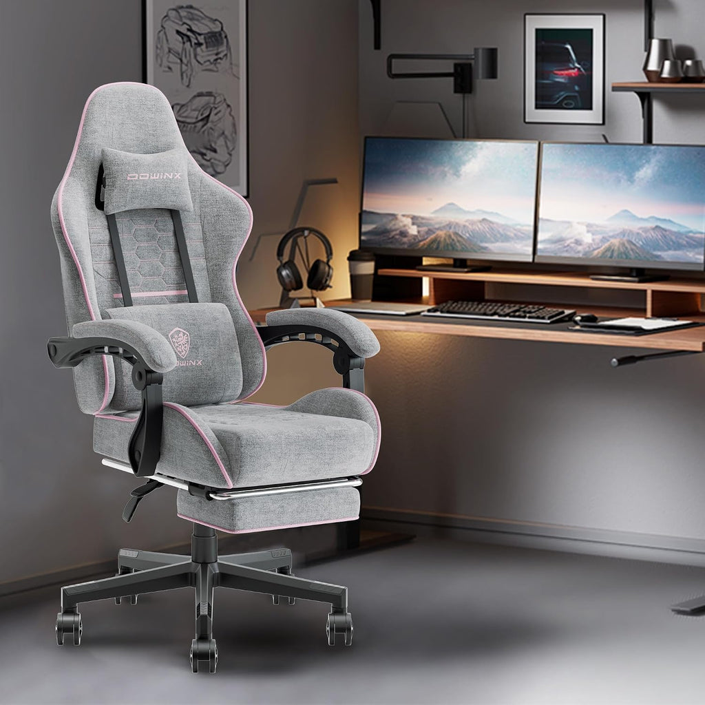 Dowinx Gaming Chair with Pocket Spring Cushion, Computer Office Game Chair, Linkage Armrests and Footrest, High Back Ergonomic Computer Chair with Lumbar Support Task Chair with Footrest(Pink)