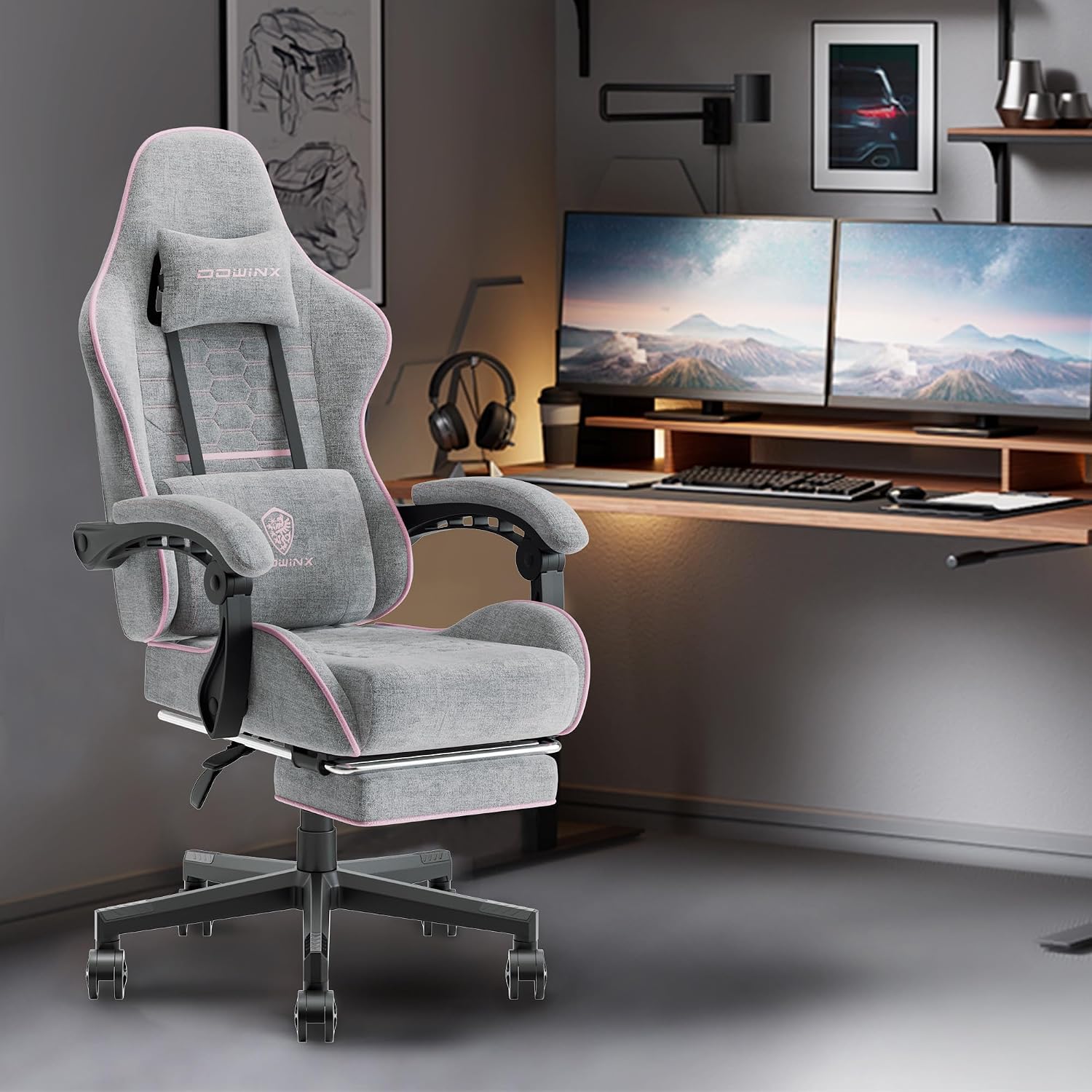 Dowinx Gaming Chair with Pocket Spring Cushion, Computer Office Game Chair, Linkage Armrests and Footrest, High Back Ergonomic Computer Chair with Lumbar Support Task Chair with Footrest(Pink)