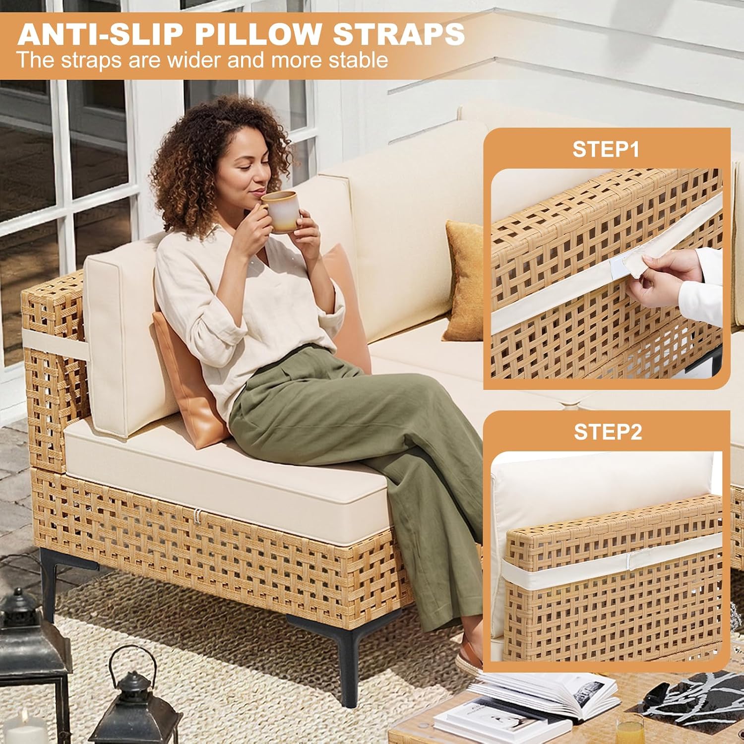 ABCASA Patio Furniture Set, 5-Piece Wicker Outdoor Patio Furniture Sets with Anti-Slip Cushions & Coffee Table,Boho Patio Conversation Set Sectional Sofa for Backyard,Porch,Beige
