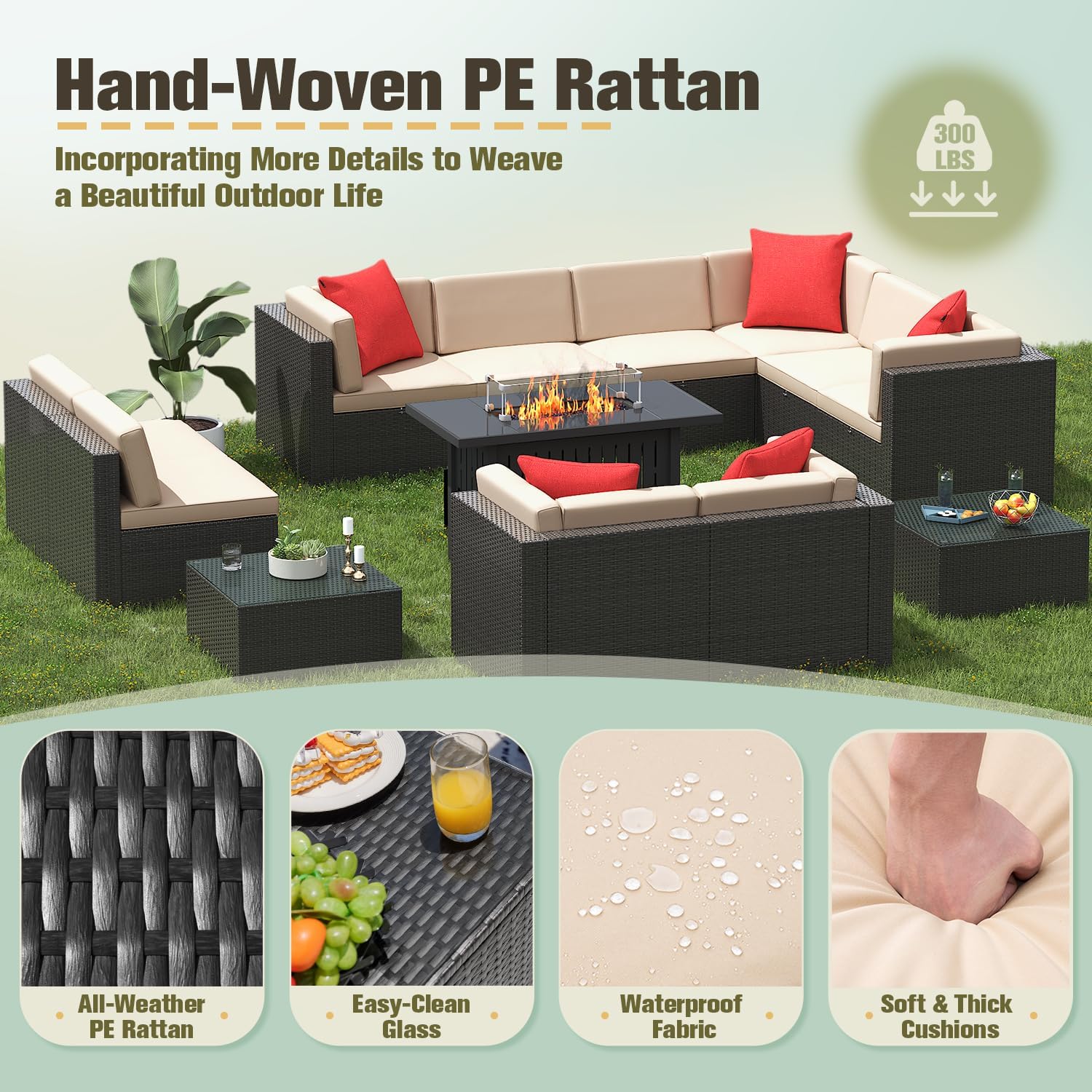Greesum Patio Furniture Sets 13-Pieces Outdoor PE Rattan Sectional Sofa w/43in Gas Fire Pit Table 55000 BTU Add Warmth to Gatherings Parties On Deck Garden Backyard,Light Beige