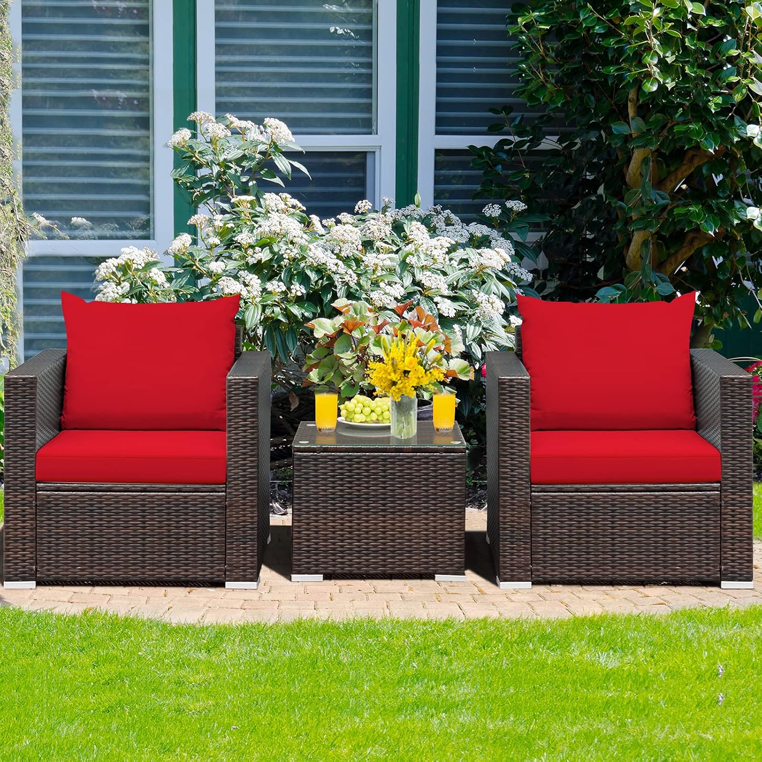 HAPPYGRILL 3 Piece Patio Furniture Set PE Rattan Wicker Sofa Set with Cushions and Coffee Table Outdoor Patio Conversation Set for Garden Poolside Balcony