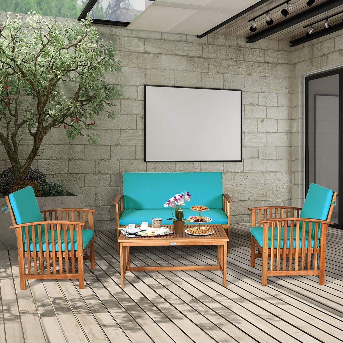 Tangkula Outdoor 4 PCS Acacia Wood Sofa Set w/Water Resistant Cushions, Padded Patio Seating Chat Set w/Coffee Table for Garden, Backyard, Poolside (1, Turquoise)