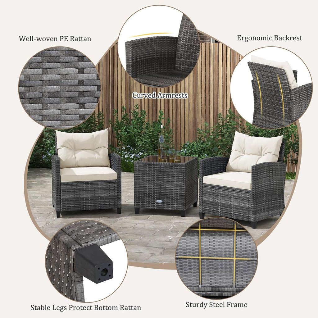 KOTEK 3 Piece Patio Furniture Set, Outdoor PE Rattan Conversation Set with Washable Cushions & Tempered Glass Tabletop, Wicker Chairs and Table Set for Porch, Garden, Balcony (White)