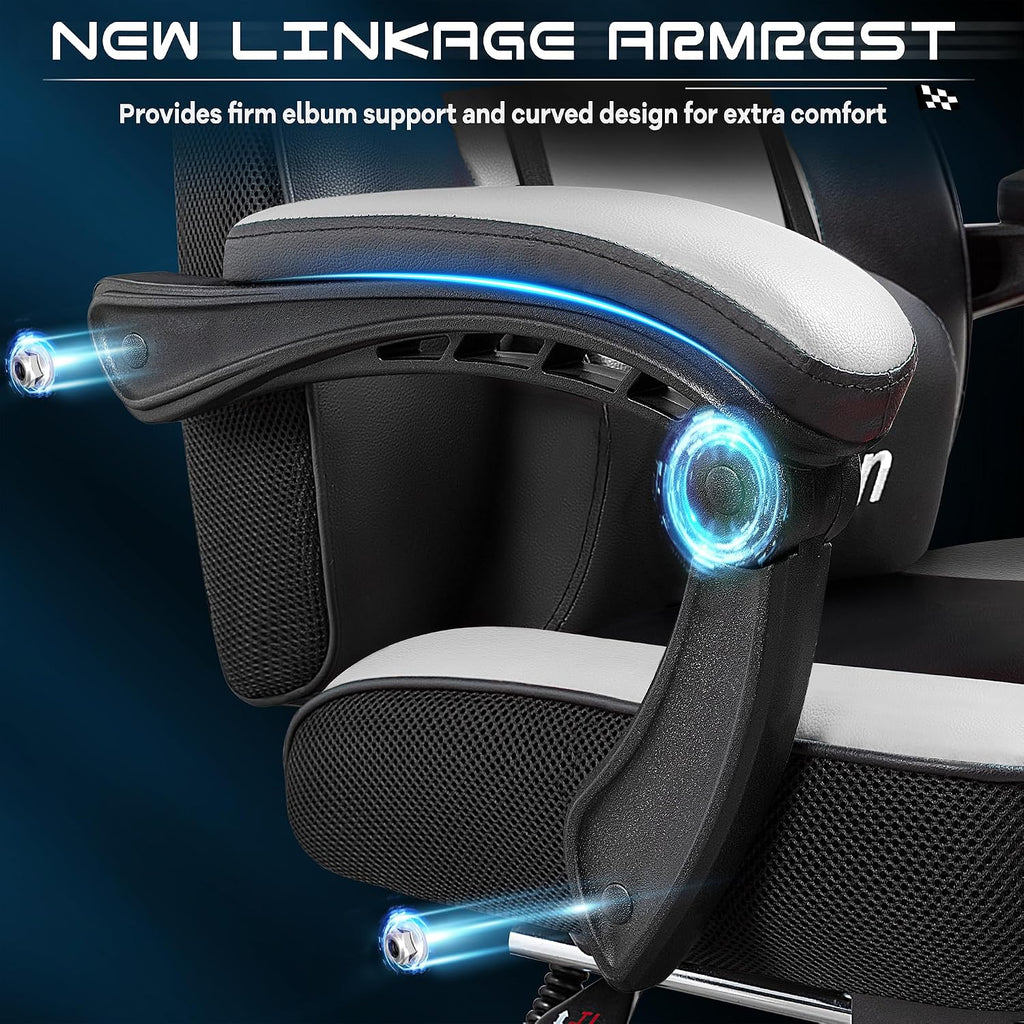 Big and Tall Gaming Chair for Adults, 330lbs Heavy Duty Computer Chair with Footrest, Video Game Chair, Massage Lumbar Support, Wide Seat High Back Reclining Desk Chair, White