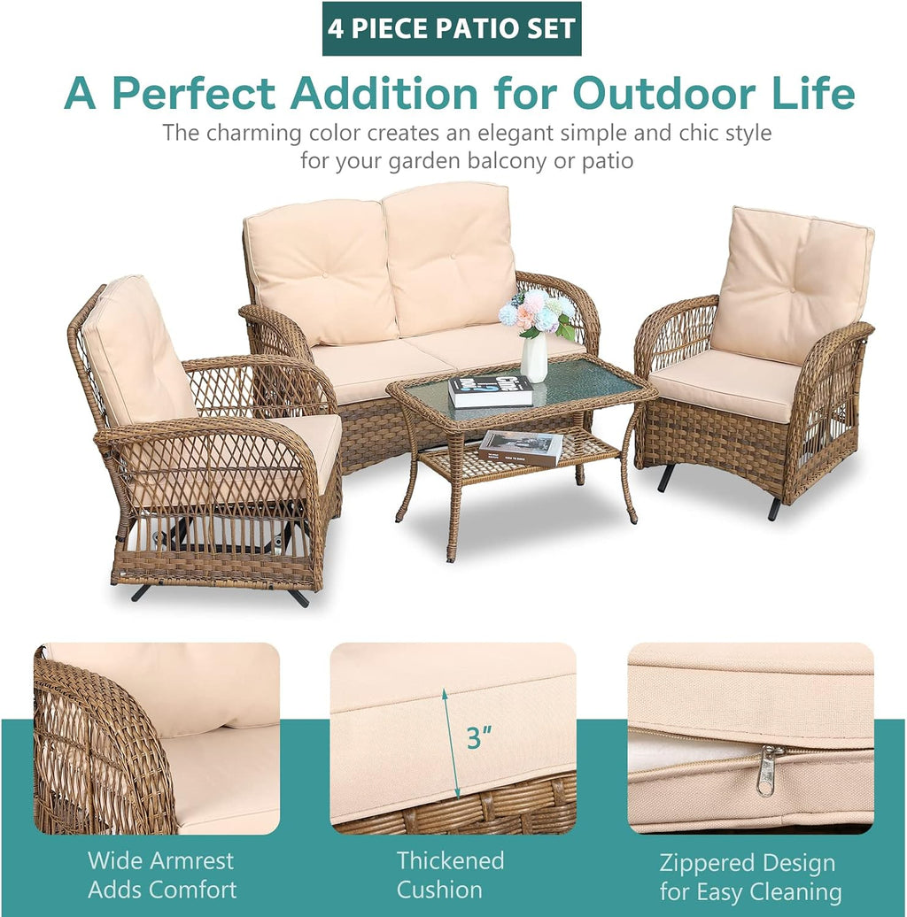 MEETWARM 4 Pieces Outdoor Wicker Patio Conversation Sets with Glider Loveseat, 2 Chairs with Glass-Top Coffee Table Wicker Rocking Glider Set, Wicker Conversation Set with Thickened Cushions