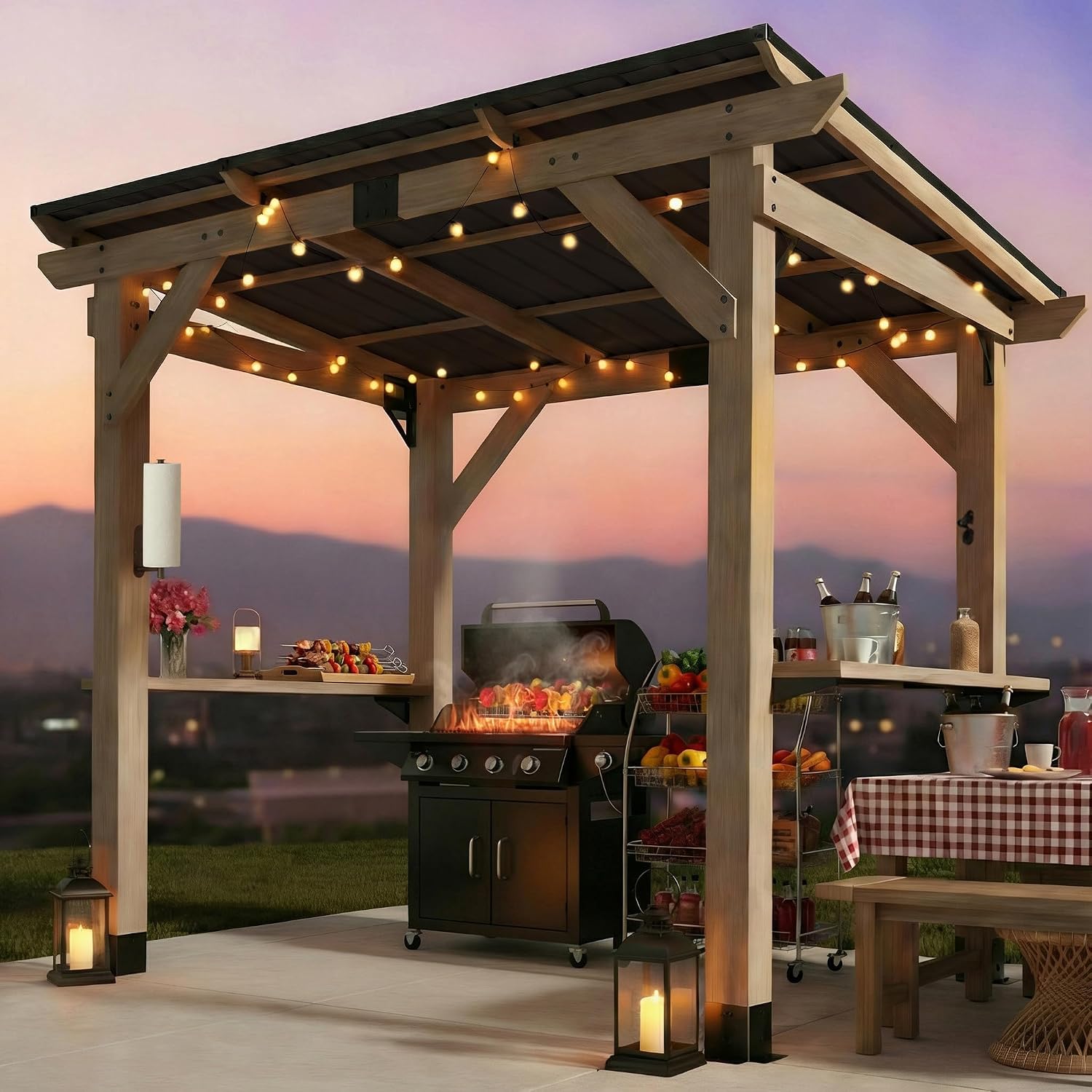 CHARMELEON Grill Gazebo 6 x 8 FT,Cedar Wood BBQ Gazebo with Thick Wooden Side Serving Shelves&Paper Holder& Bottle Opener,Patio Pavilion with Galvanized Steel Roof for Outdoor,Backyard,Garden,Deck