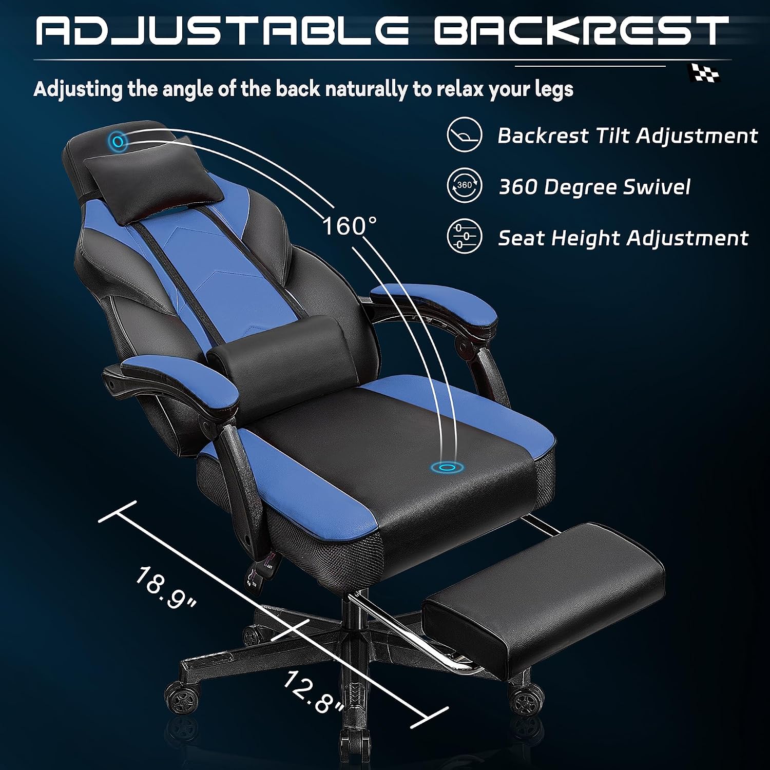 Video Game Chair for Adults, Gaming Chair with Footrest, Big and Tall Computer Chair with Massage Lumbar Support 330lbs Weight Capacity, Adjustable Height, 360° Swivel Seat and Headrest (Blue)