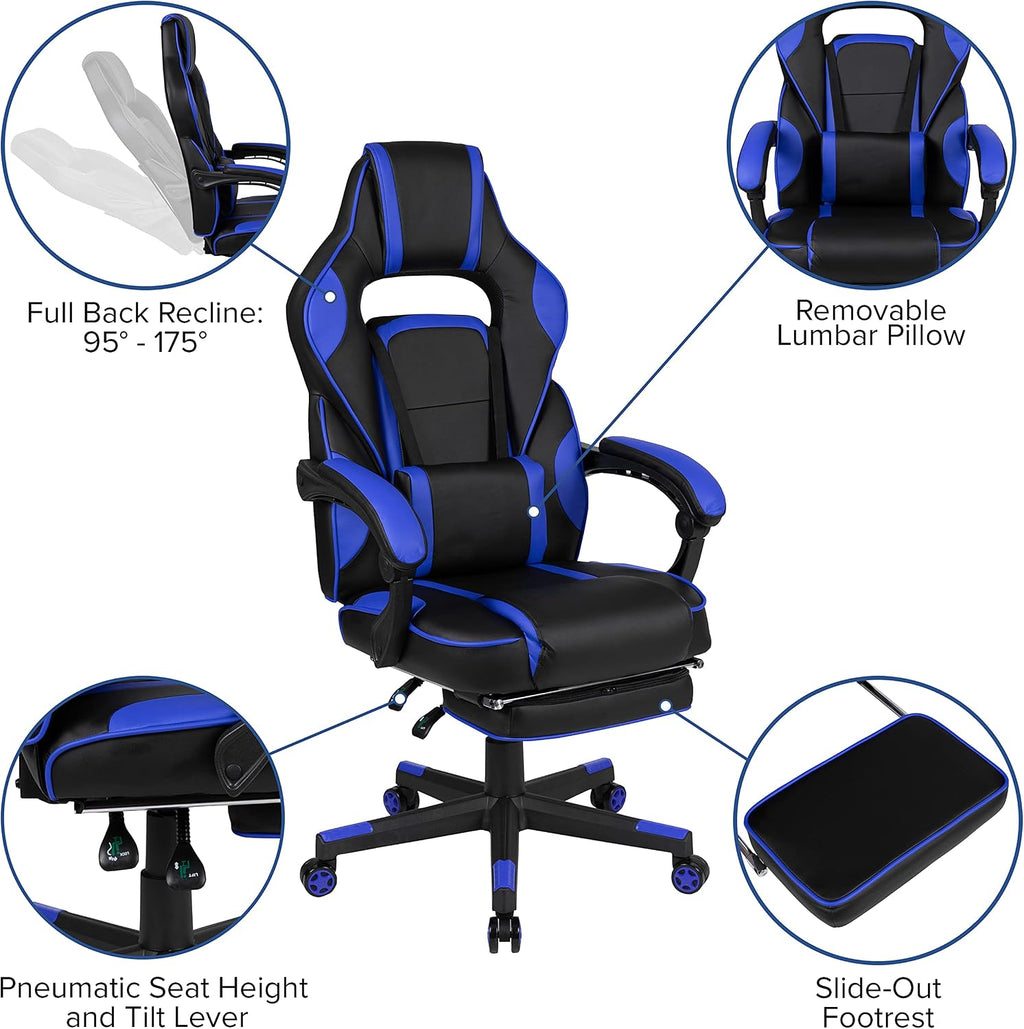 EMMA + OLIVER Black/Blue Ergonomic Gaming Chair -Recline Back/Arms, Footrest, Massaging Lumbar