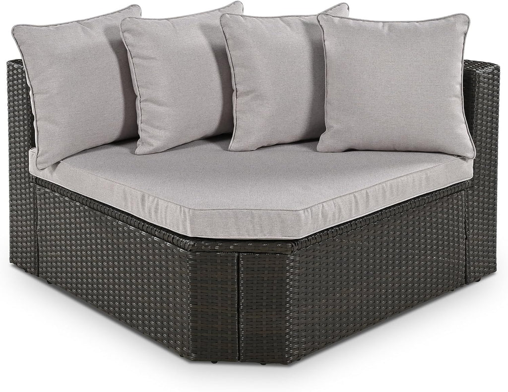 Merax 7-Piece Outdoor Wicker Sectional Sofa Set,Modular Rattan Conversation Set with Gray Cushions,Striped Green Pillows & Tempered Glass Coffee Table for Patio,Garden,Deck,Brown