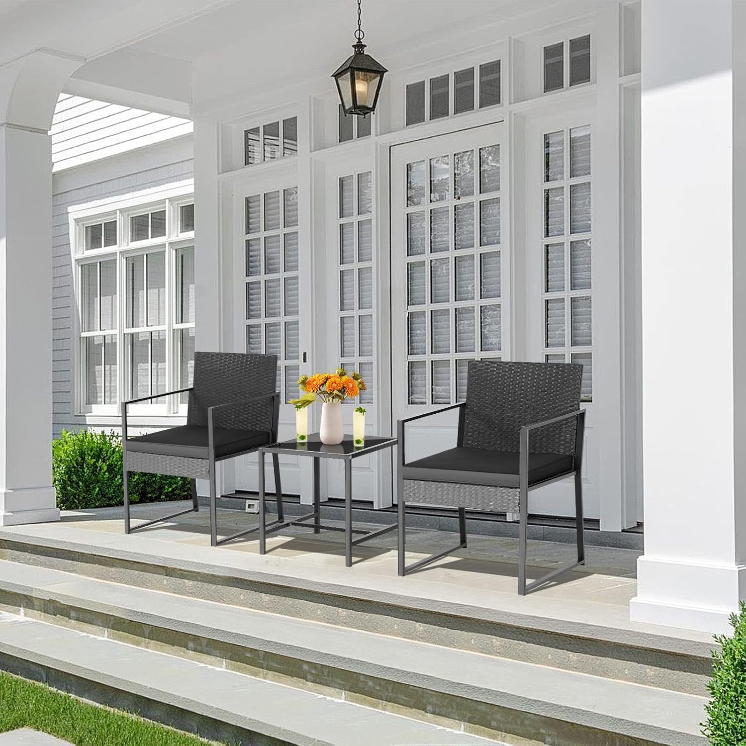 Tangkula 3 Piece Patio Furniture Set, Modern Heavy Duty All Weather Cushioned Wicker Chairs and Coffee Table Set, Suitable for Front Porch, Backyard, Garden, Poolside and Deck (Black)