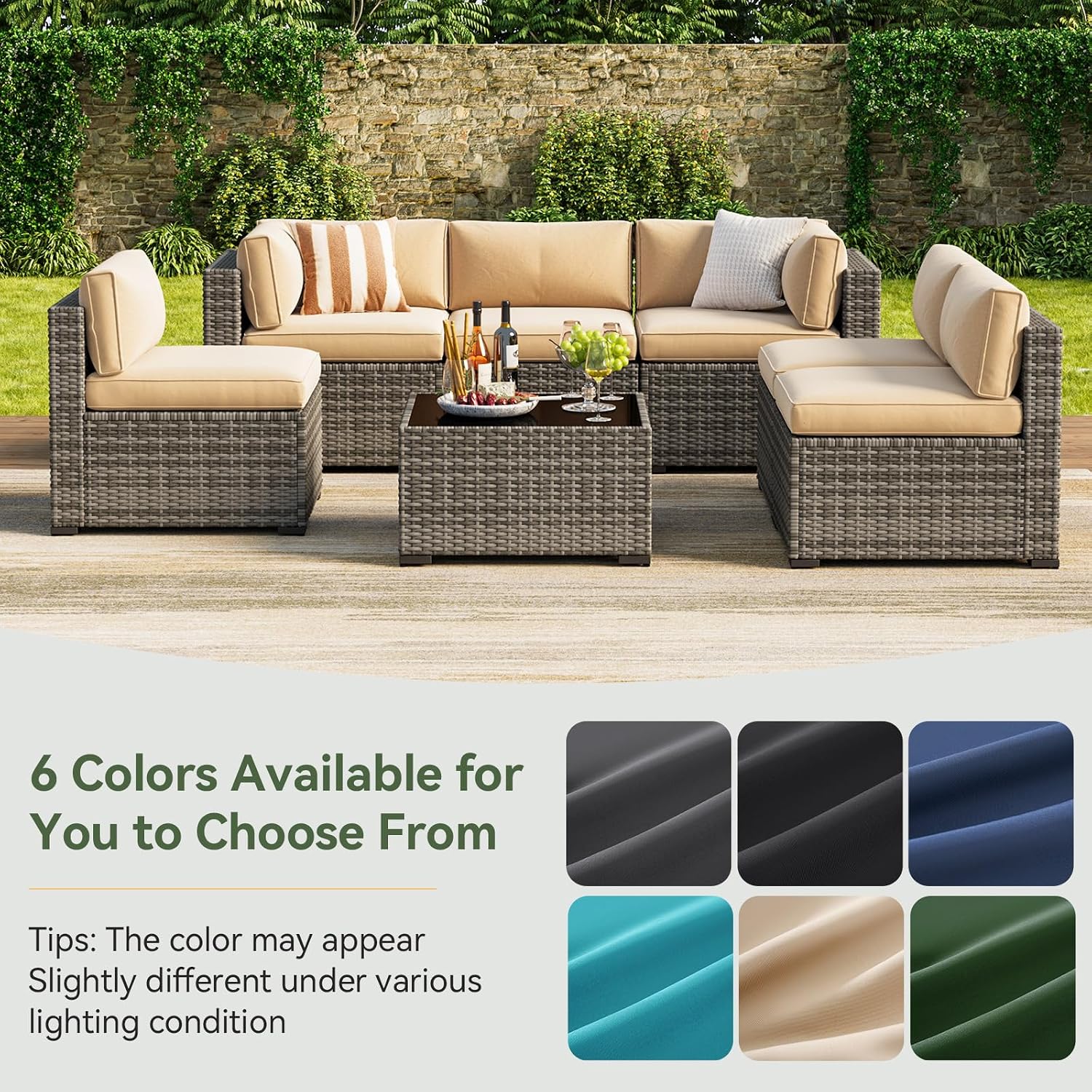 Aoxun Replacement Cushions for Outdoor Furniture, 14-Piece Outdoor Cushions for Patio Furniture, Deep Seat, Splash-Proof & Fade Resistant Couch Cushion for 6-Seat Patio Conversation Sets, Beige