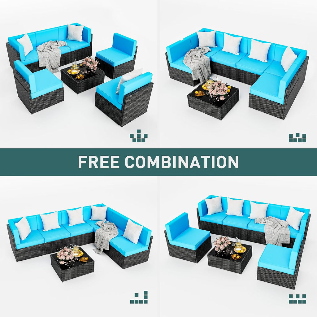 Pamapic Patio Furniture Set, 7 Pieces Modular Outdoor Sectional, Patio Sectional Sofa Conversation Set, Rattan Sofa with Coffee Table and Washable Cushions Covers, Black Rattan and Blue Cushions