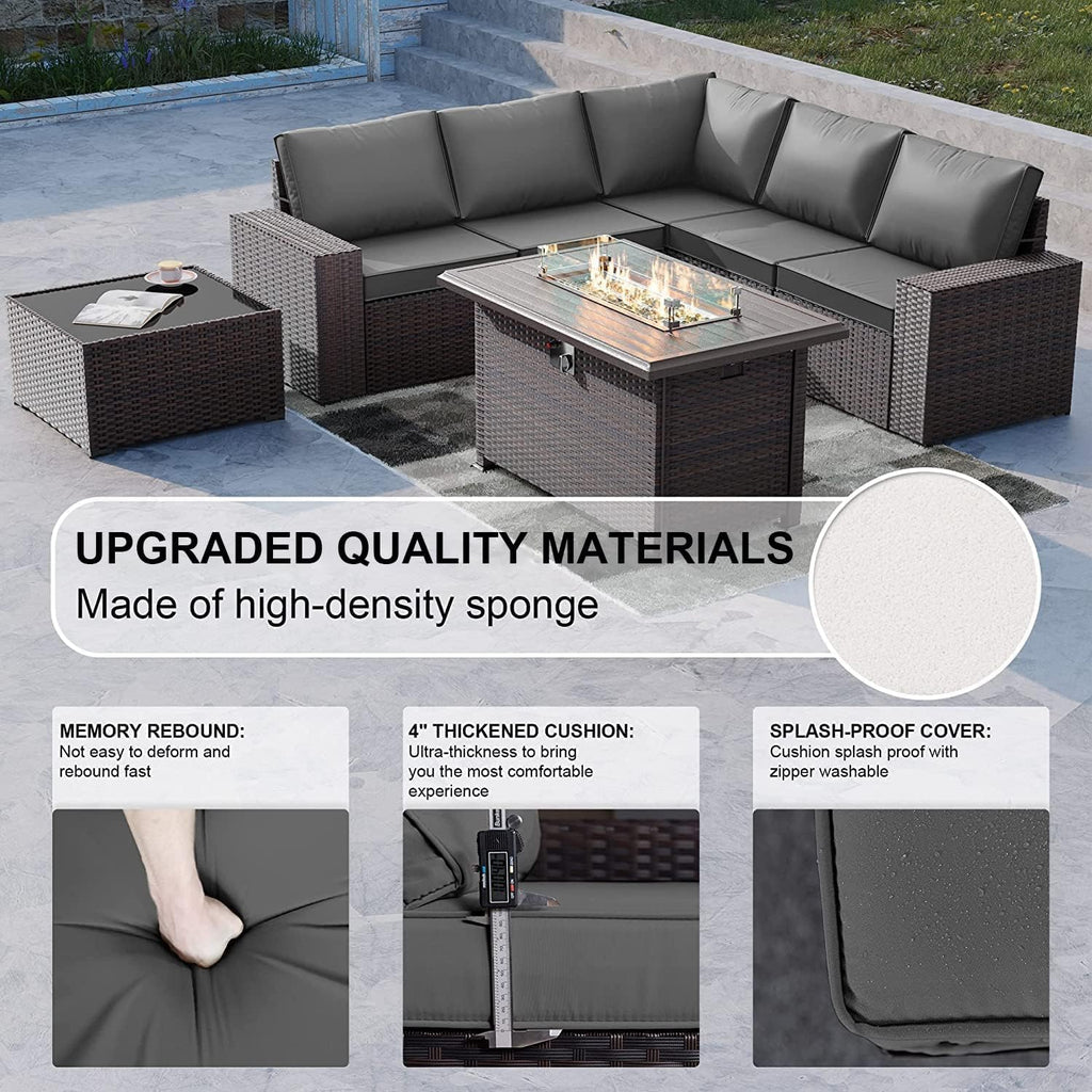 Kullavik 7 Pieces Outdoor Patio Furniture Set with 43' 55000BTU Gas Propane Fire Pit Table PE Wicker Rattan Sectional Sofa Patio Conversation Sets,Grey