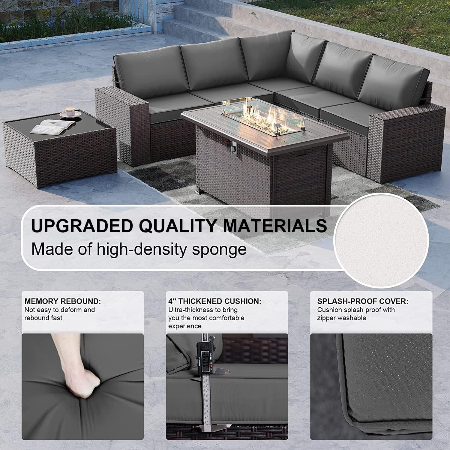 Kullavik 7 Pieces Outdoor Patio Furniture Set with 43' 55000BTU Gas Propane Fire Pit Table PE Wicker Rattan Sectional Sofa Patio Conversation Sets,Grey