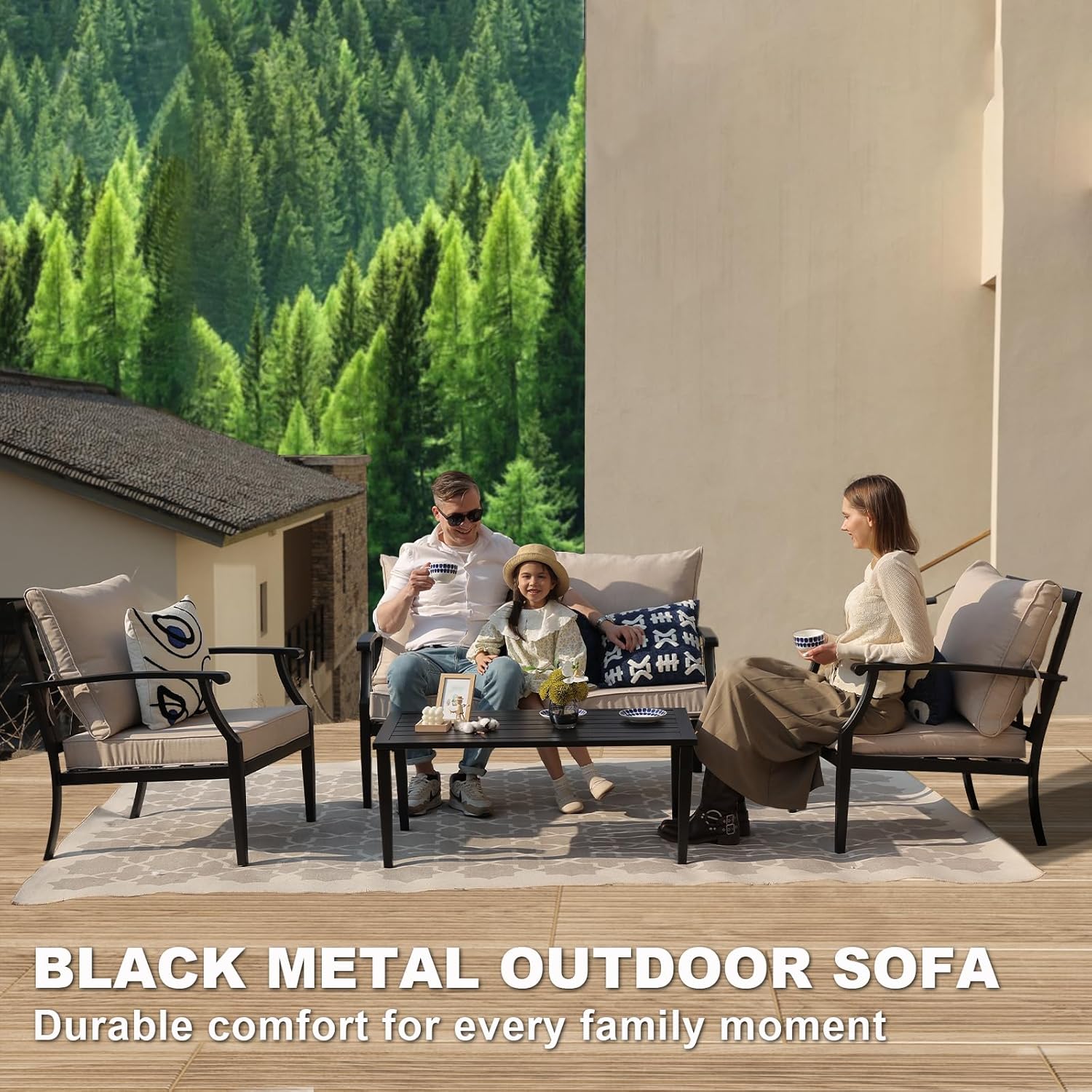4-Piece Patio Furniture Set, Wider Outdoor Metal Seating Sofa with High Back & Loveseat, Coffee Table, All Weather Metal Conversation Set for Backyard, Poolside, Deck-Beige