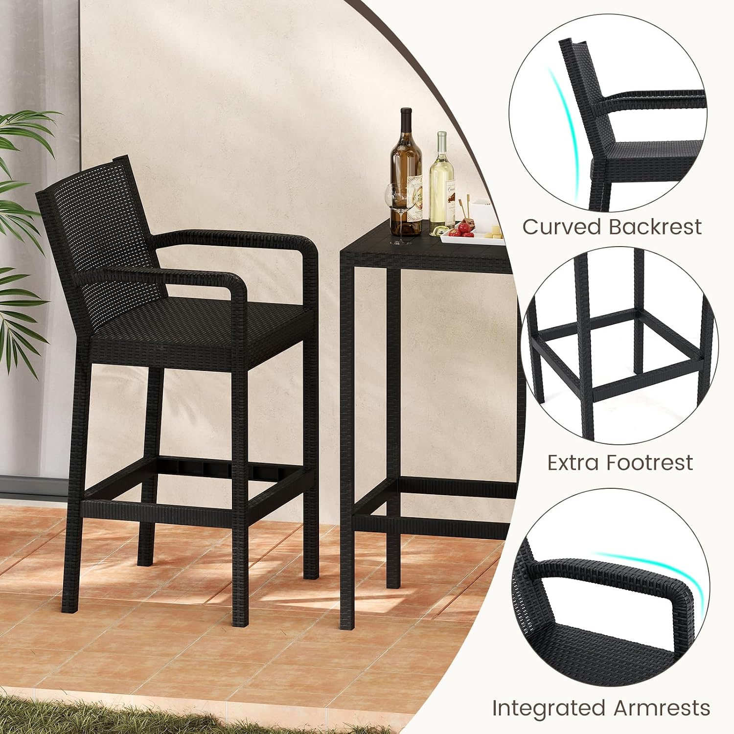 COSTWAY 3 Pieces Patio Bar Set, Modern Outdoor Bistro Set with 2 Chairs and 1 Square Bar Table, Curved Backrest and Armrests, Metal Frame, for Garden, Balcony, Poolside, Black