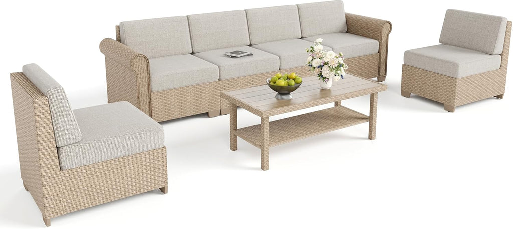 Patio Furniture Set 7 Piece, Wicker Rattan Sectional Sofa Couch with 5.5' Thick Waterproof Cushions and Coffee Table, All weather Modular Outdoor Conversation Set for Lawn Backyard and Deck, Beige