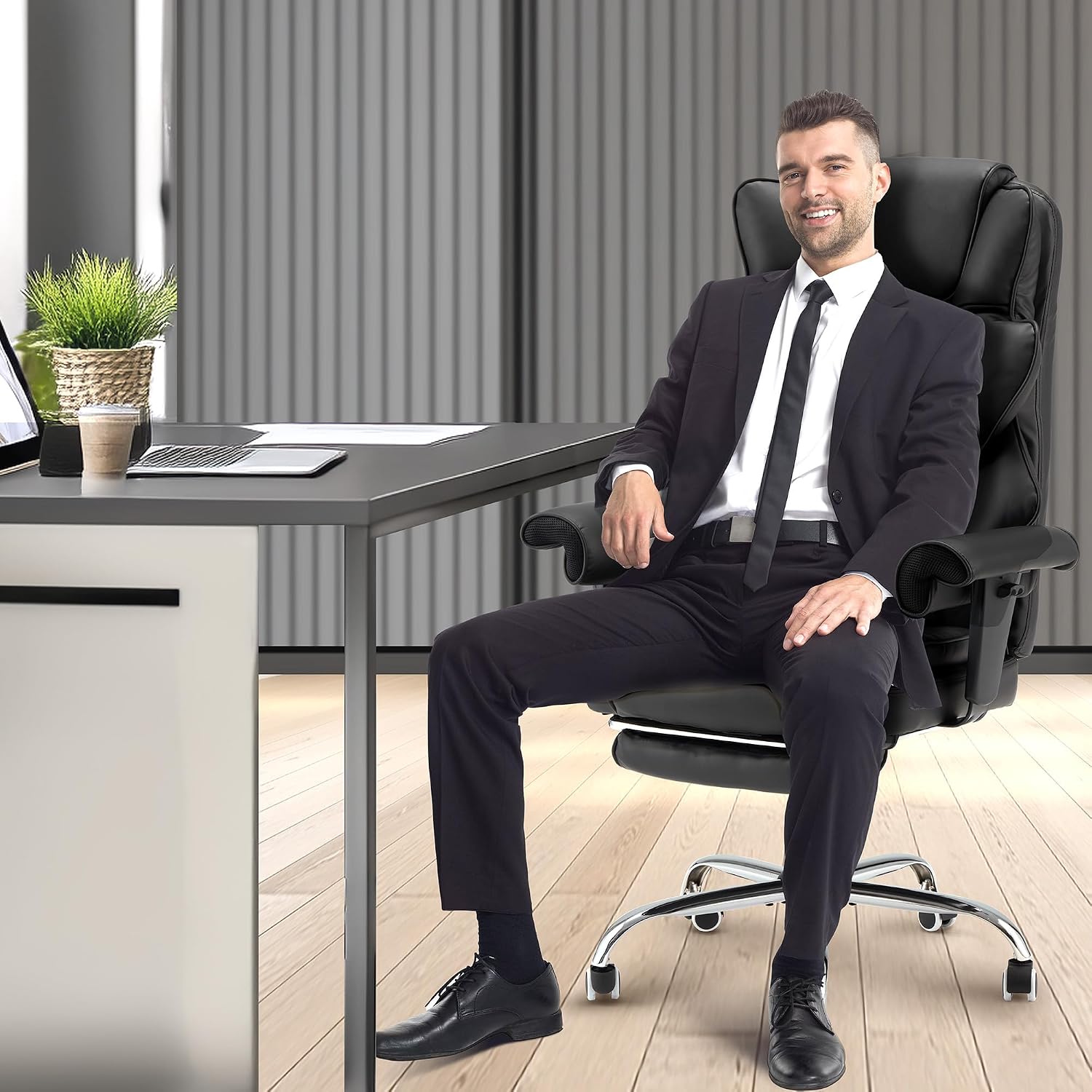 HOMREST 6-Point Massage Office Chair,Heating Executive Chairs,Ergonomic Home Office Desk Chairs with Retractable Footrest and Reclining Function,Leather Computer Chair with Adjustable Armrest(Black)
