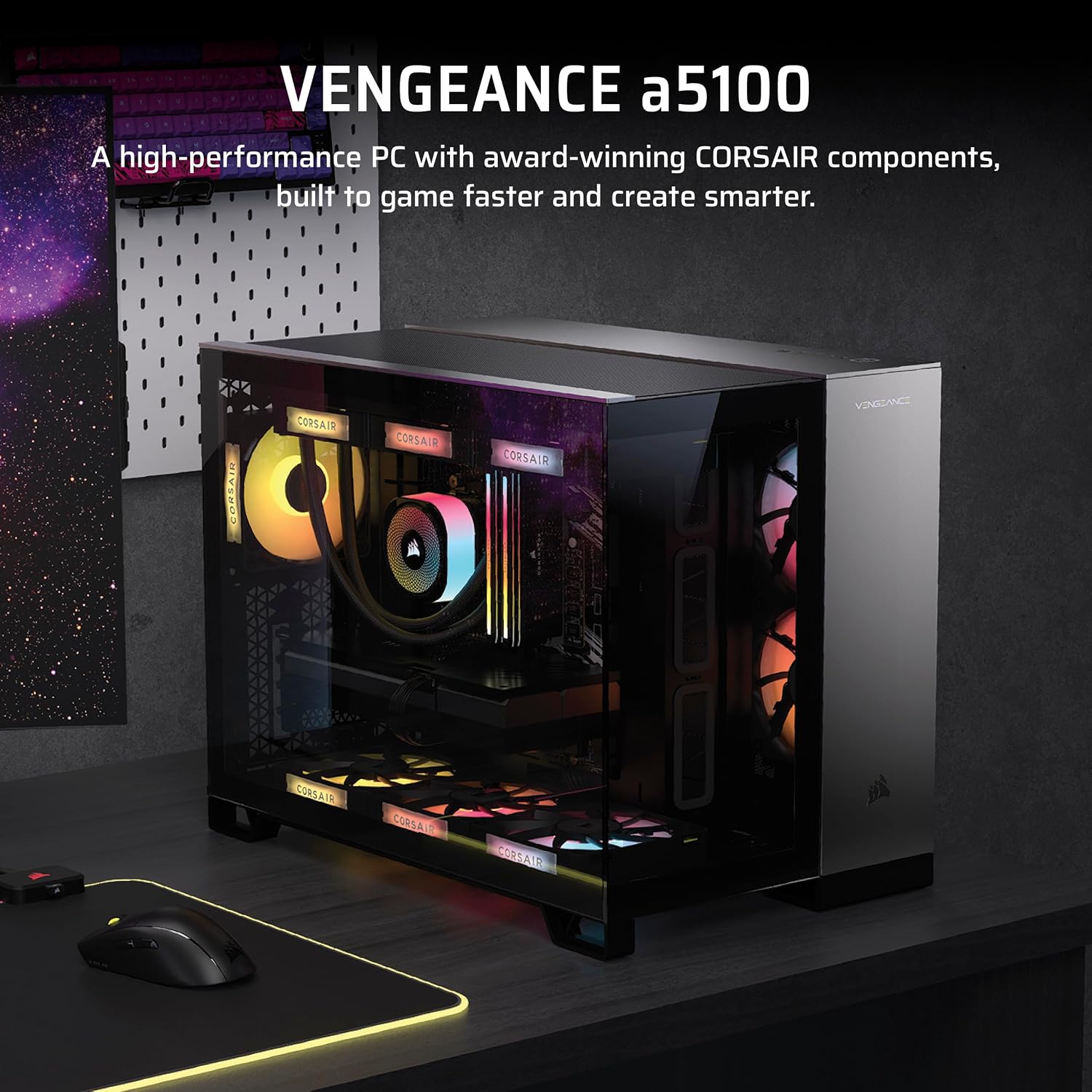 Corsair Vengeance a5100 Gaming PC – Liquid Cooled AMD Ryzen™ 7 9800X3D, NVIDIA® GeForce RTX™ 5090 GPU, 64GB Dominator Titanium RGB DDR5 Memory, 2+2TB M.2 SSD – Black/Silver