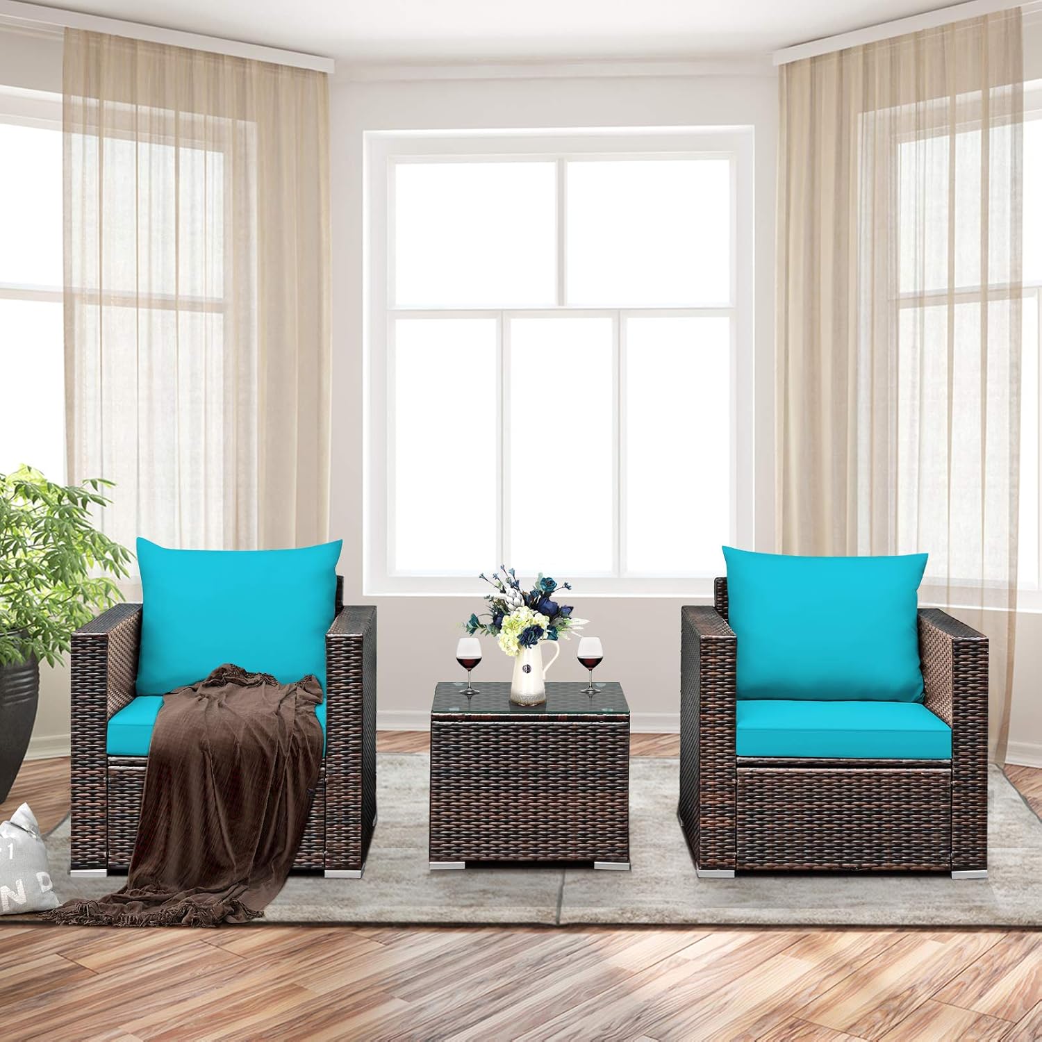 Tangkula 3 Pieces Patio Furniture Set, Outdoor Conversation Rattan Furniture Set w/Washable Cushion and Tempered Glass Tabletop, PE Rattan Wicker Sofa Set for Garden Poolside Balcony