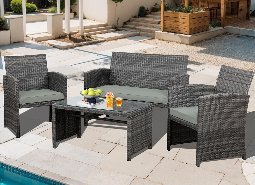 JAMFLY 4 Piece Outdoor Patio Furniture Set, Outdoor Wicker Rattan Chairs Conversation Sets with Cushions & Coffee Table for Outside, Garden, Balcony, Porch, Grey