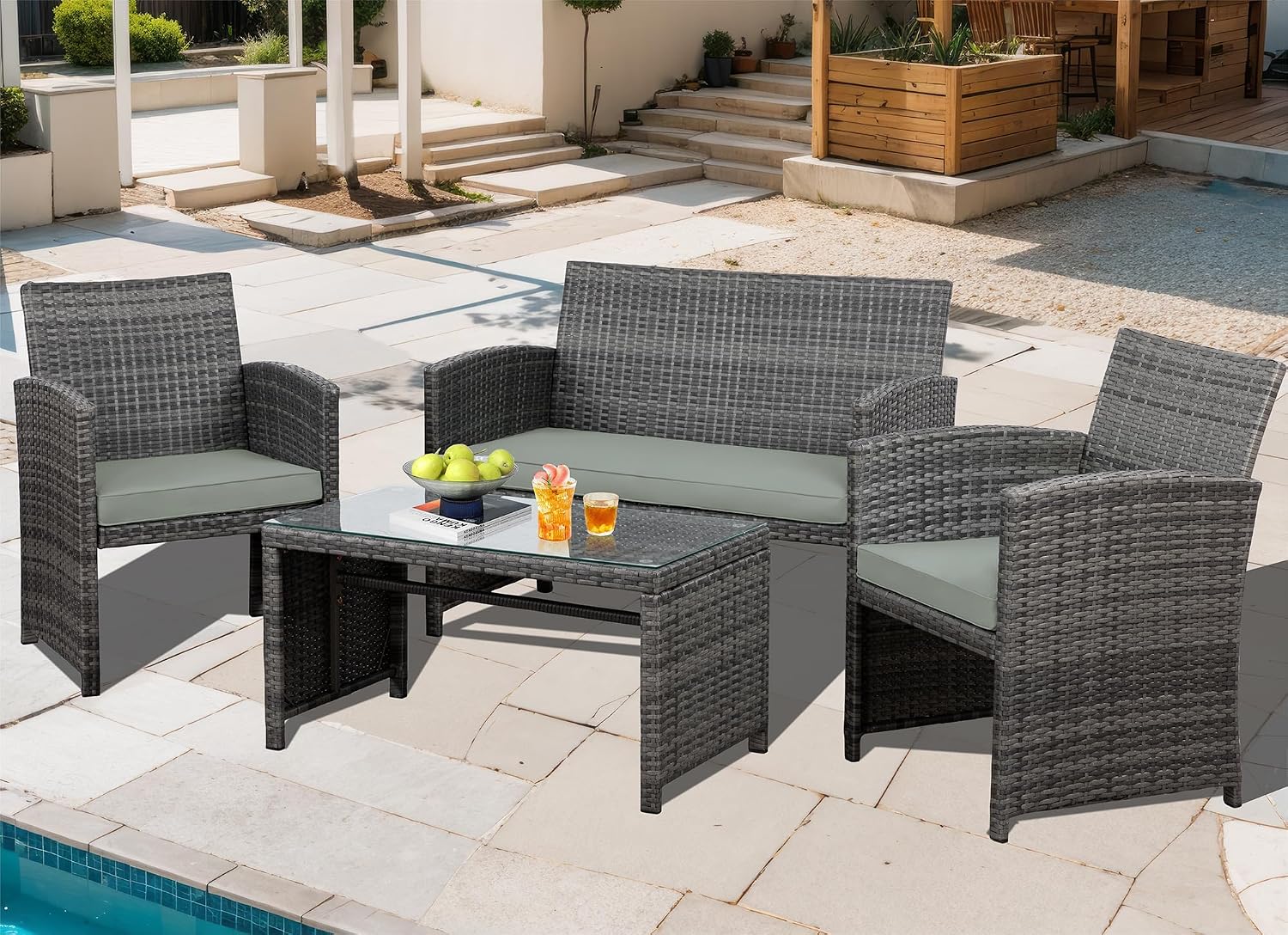 JAMFLY 4 Piece Outdoor Patio Furniture Set, Outdoor Wicker Rattan Chairs Conversation Sets with Cushions & Coffee Table for Outside, Garden, Balcony, Porch, Grey