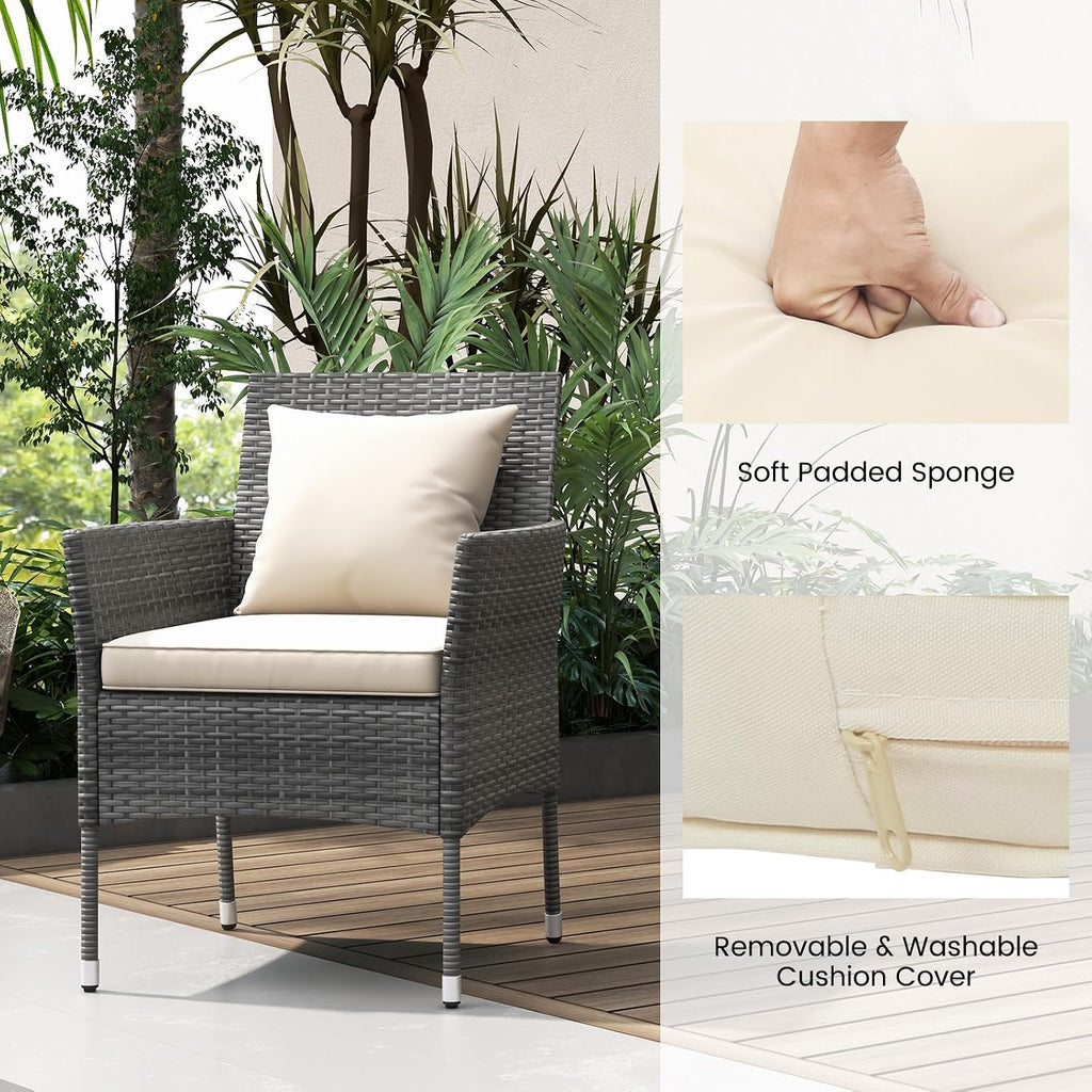 Tangkula 3-Piece Patio Furniture Set, PE Wicker Conversation Bistro Set w/A Tempered Glass Table & 2 Cushioned Chairs, Outdoor Table & Chairs Set for Patio Porch Yard Garden (Mix Gray+Off White)