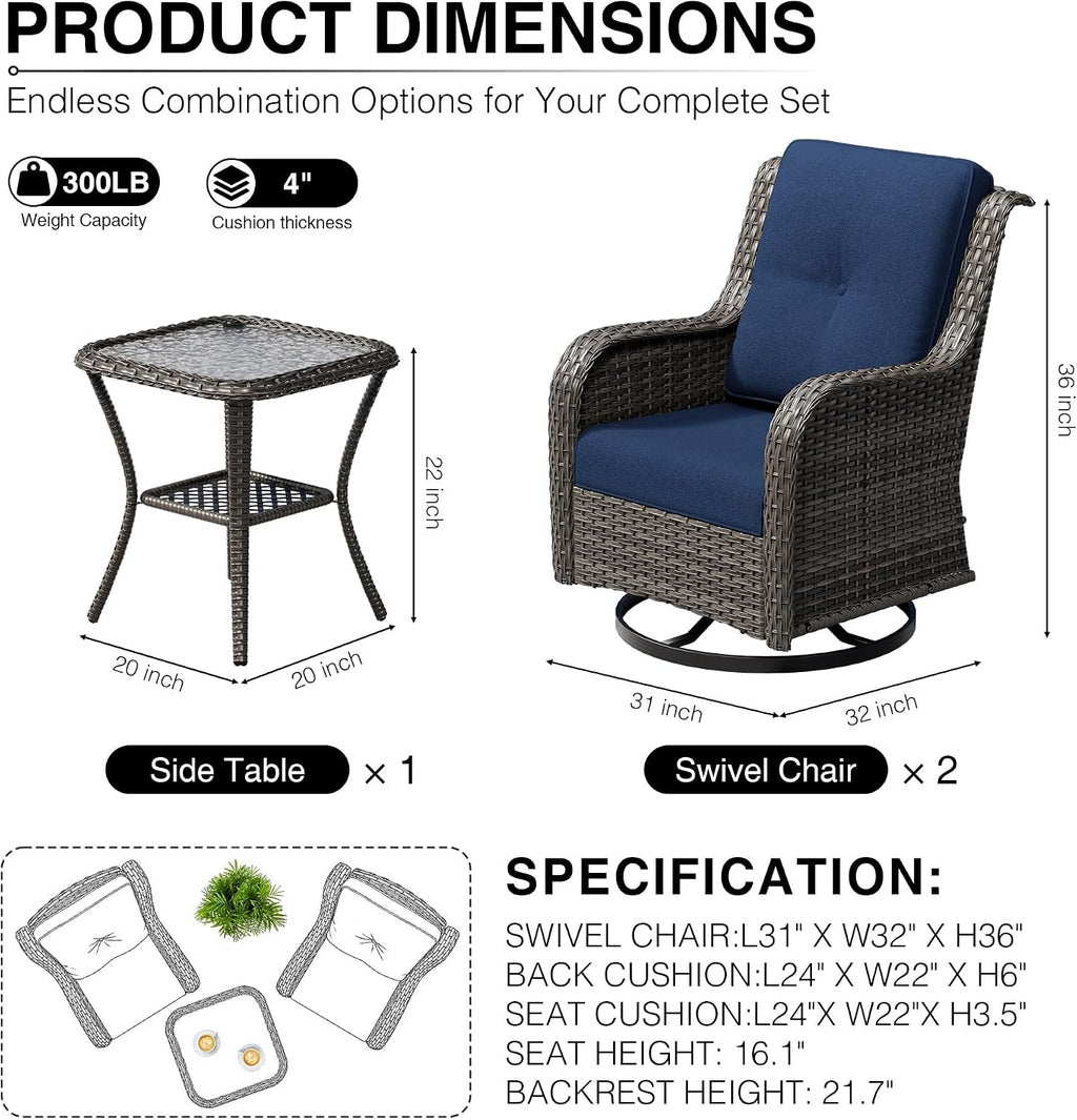 Joyside 3 Piece Wicker Patio Furniture Set, Outdoor Swivel Rocker Patio Chairs with High Back, Deep Seating, Wide Armrest, Thickened Cushions, Outdoor Furniture for Deck, Porch Use