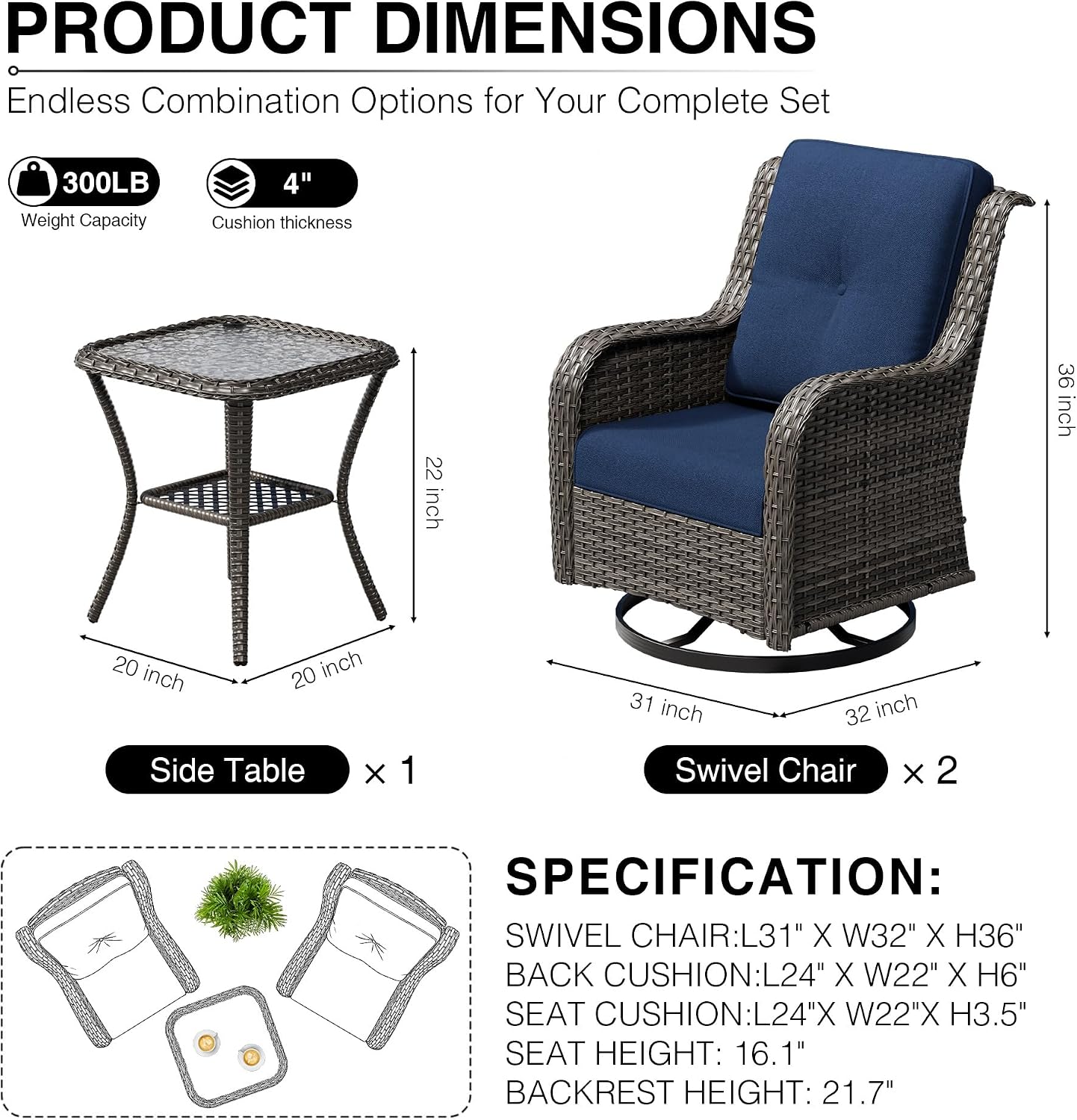 Joyside 3 Piece Wicker Patio Furniture Set, Outdoor Swivel Rocker Patio Chairs with High Back, Deep Seating, Wide Armrest, Thickened Cushions, Outdoor Furniture for Deck, Porch Use