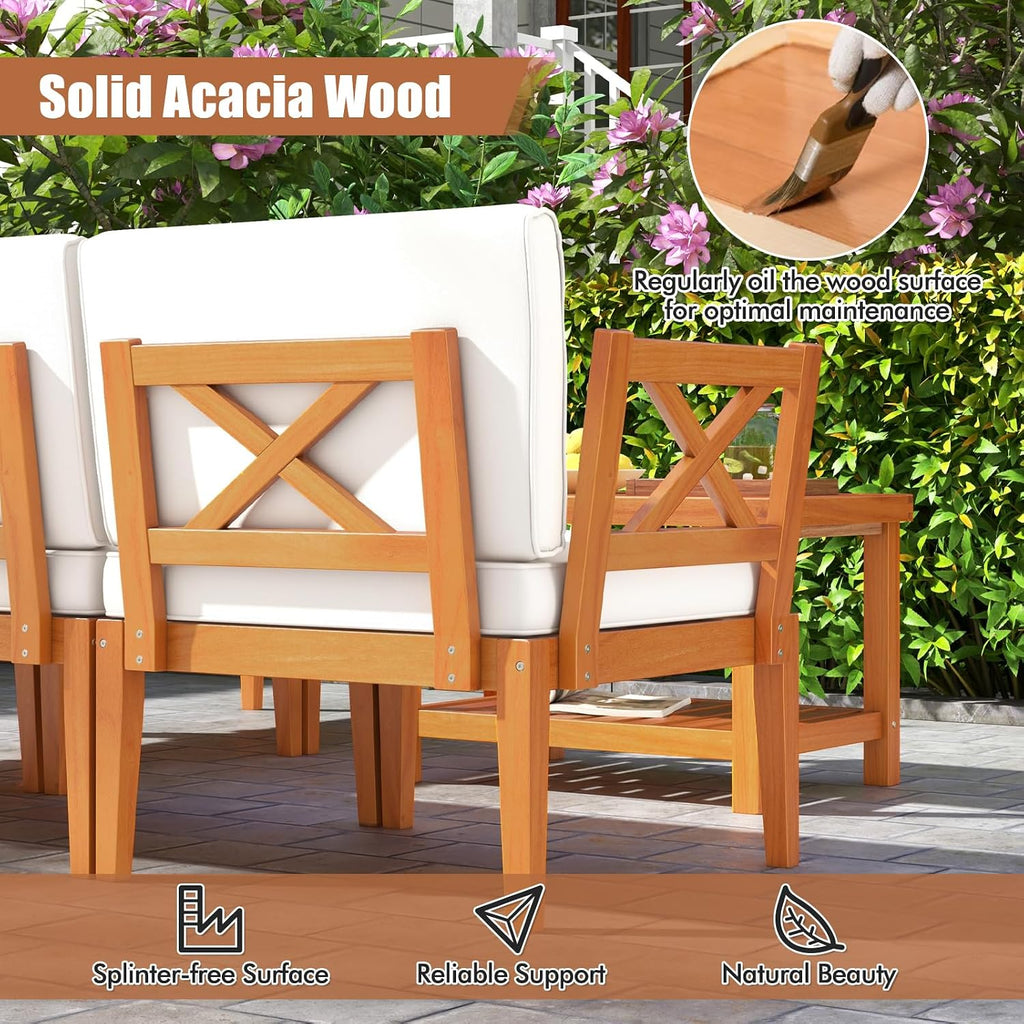 Tangkula 6 Pieces Acacia Wood Patio Furniture Set, Outdoor Sectional Conversation Set with Cushions and 2-Tier Coffee Table, L Shaped Corner Sofa Set for Garden, Porch, Poolside and Backyard