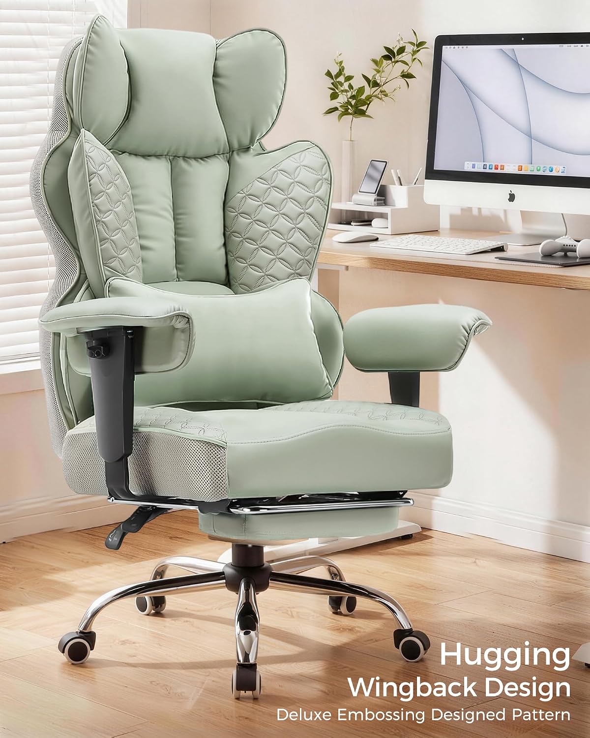 COMHOMA Big and Tall Office Chair Heavy Duty Gaming Chair with Deluxe Embossing Leather High Back Wider Ergonomic Computer Chair with Foot Rest 150°Reclining Pocket Spring Lumbar Support