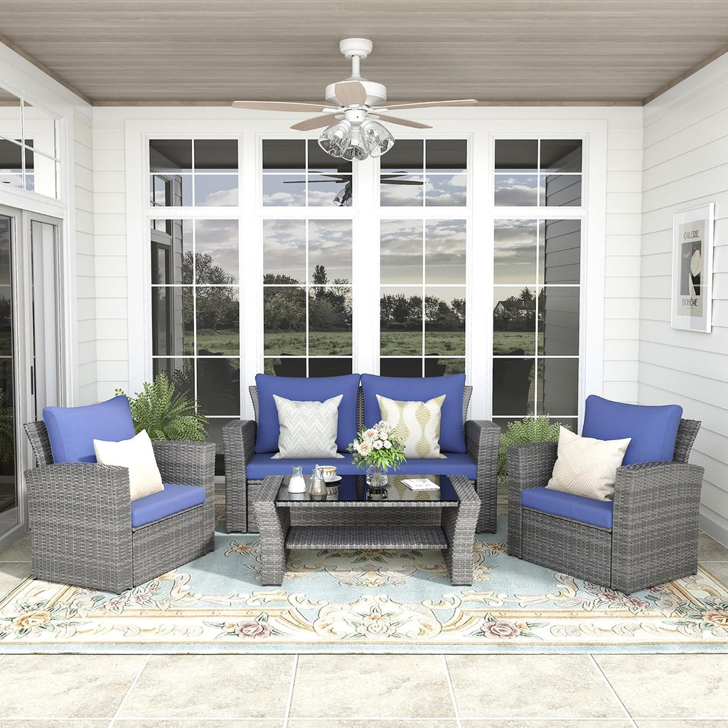 FansaFurn 4-Piece Outdoor Patio Furniture Set, All Weather Wicker Rattan Sectional Sofa Conversation Seating Set with Cushions & Large Glass Coffee Table, Ideal for Garden Backyard Porch, Blue
